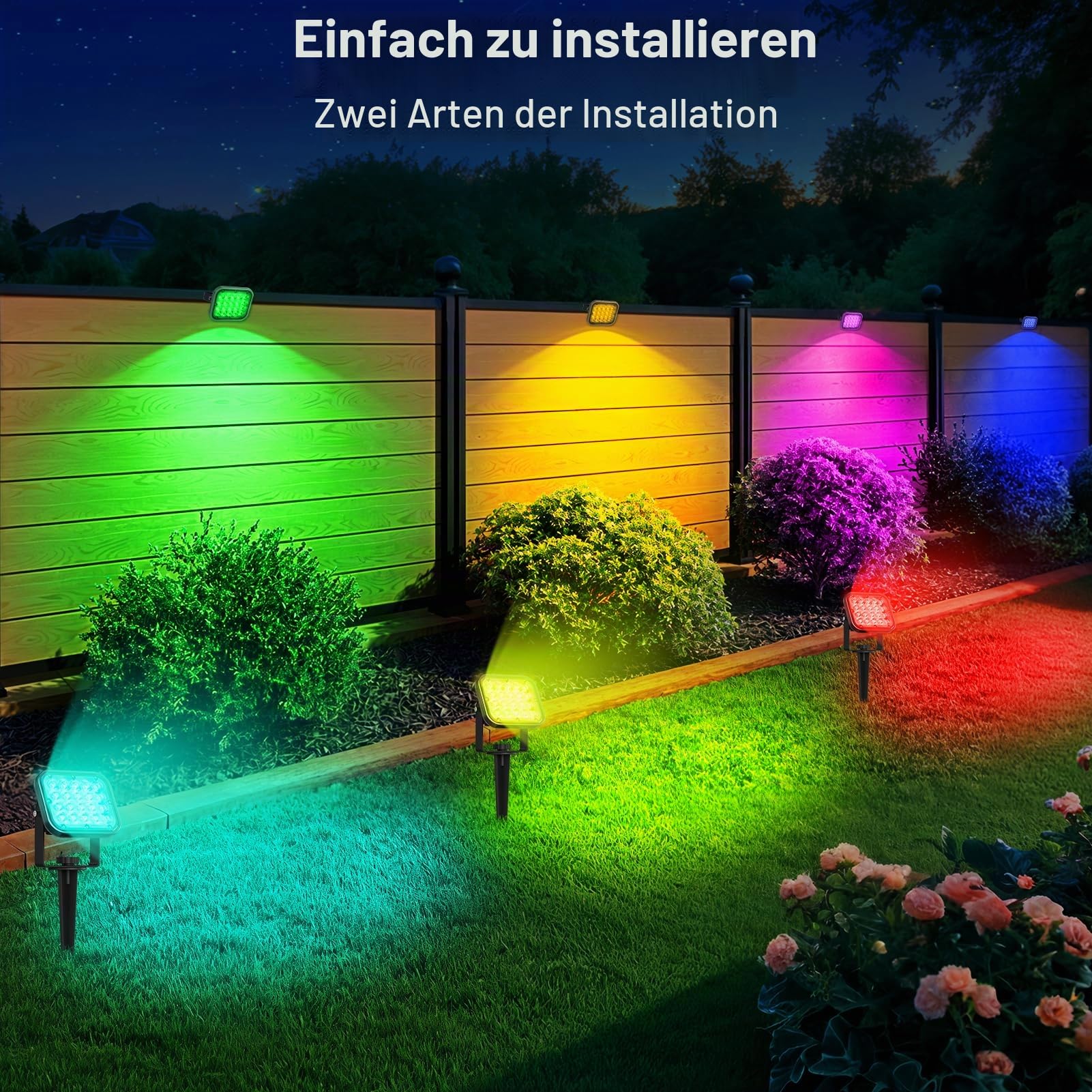 NATPOW Gartenbeleuchtung mit Strom, 4 Stück RGB Gartenleuchte mit Erdspieß, Farbwechsel Gartenstrahler mit Fernbedienung Bluetooth APP, IP65 Wasserdicht Gartenlampe für Garten Rasen Pfad Außen