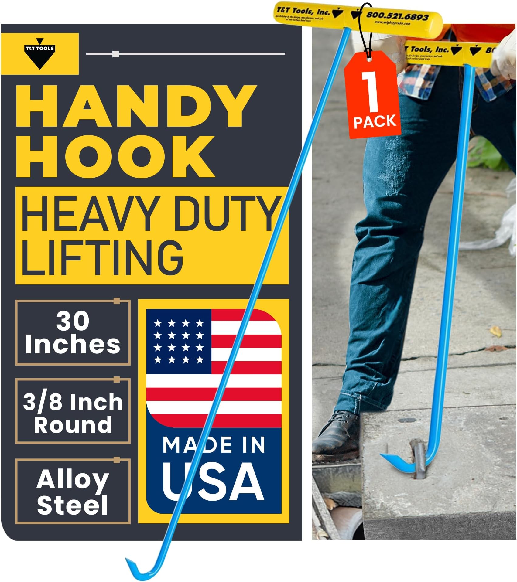T&T Tools Heavy Duty Handy Hook – Portable 30 Inch with 3/8" Round Pump Hook End –Multipurpose Lifting and Pulling Tool for Manhole Covers, Septic Tanks, Storm Drains, Sewer Lids & More –1 Pack | Portable, 30 Inch, 3/8" Round, for Manhole Covers, Septic Tanks