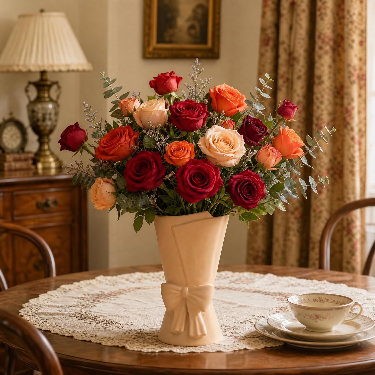 Relexome Beige Ceramic Bow Vase 9.64 in Unique Cute Modern Decorative Bouquet Flower Vases for Home Living Room Table Fall Decor Women Gifts image 4