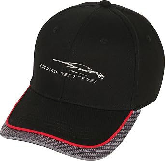 C8 Corvette Next Generation Gesture Logo Hat - Chevrolet Performance Cap with Carbon Fiber Accent & Red Stripe