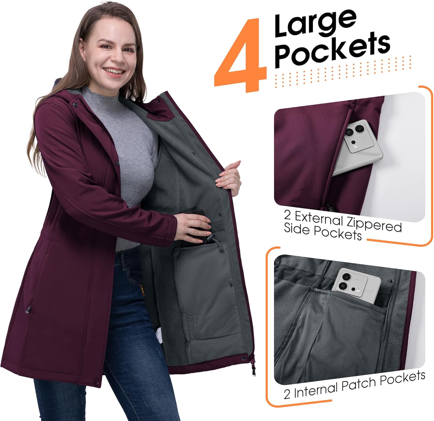 33,000ft Women's Softshell Long Jacket with Hood Fleece Lined Windproof Warm up Waterproof Windbreaker - Image 4