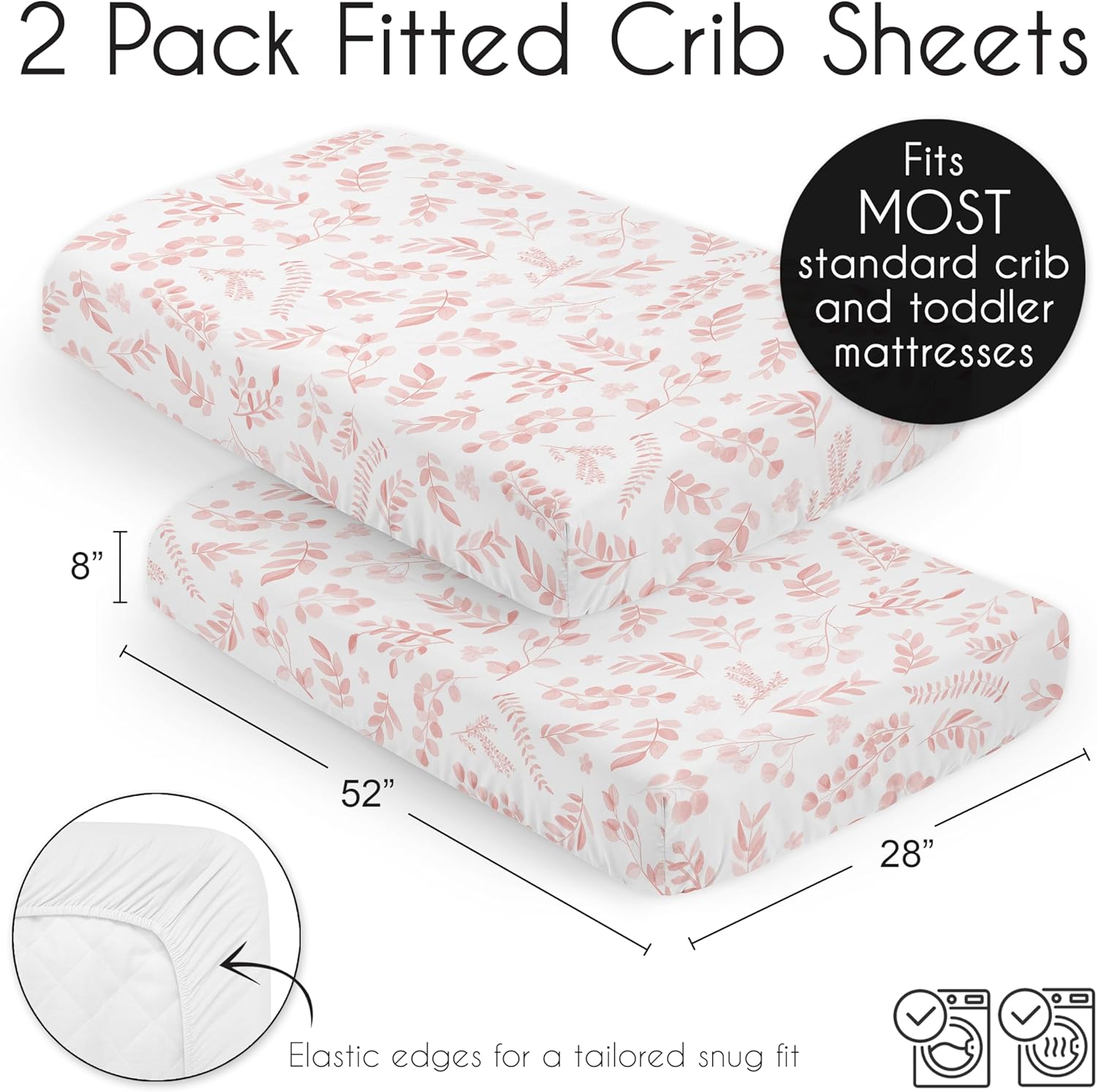 Sweet Jojo Designs Blush Pink and White Boho Floral Leaf Girl Baby Fitted Crib Sheet Set Infant Newborn Nursery Toddler Bed Room Standard Mattress 2p Chic Bohemian Watercolor Botanical Flower Woodland