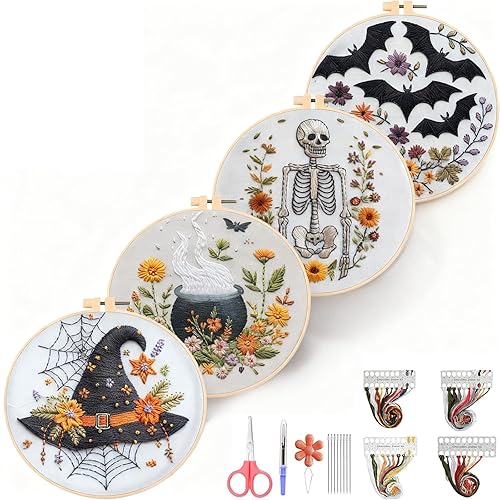 (4 Set) Halloween Embroidery Kit, Gothic Halloween Embroidery Starter Kit