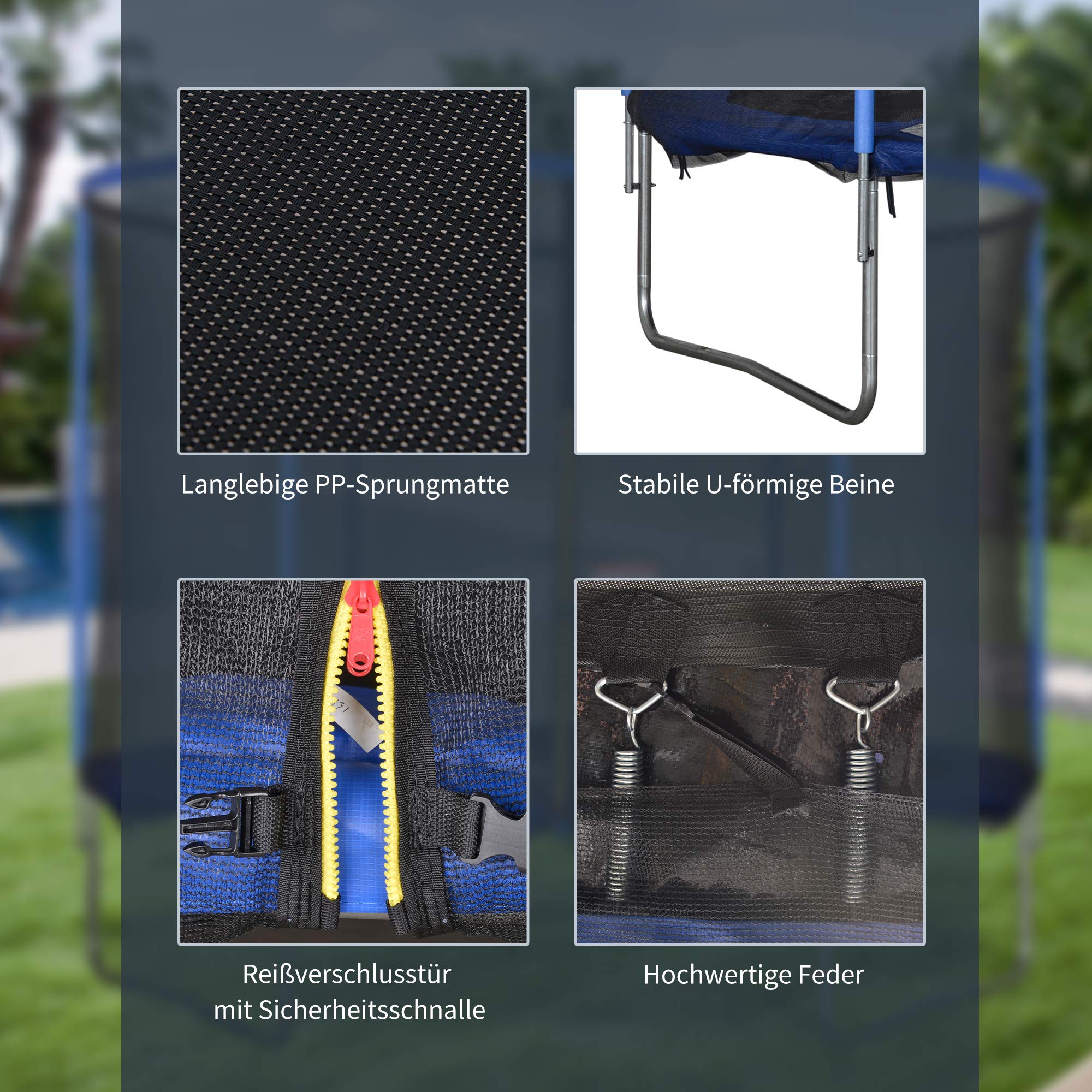 HOMCOM Trampolin mit Sicherheitsnetz Gartentrampolin für Innen- und Außenbereich Fitnesstrampolin für Jugendliche und Erwachsene Stahl Blau+Schwarz