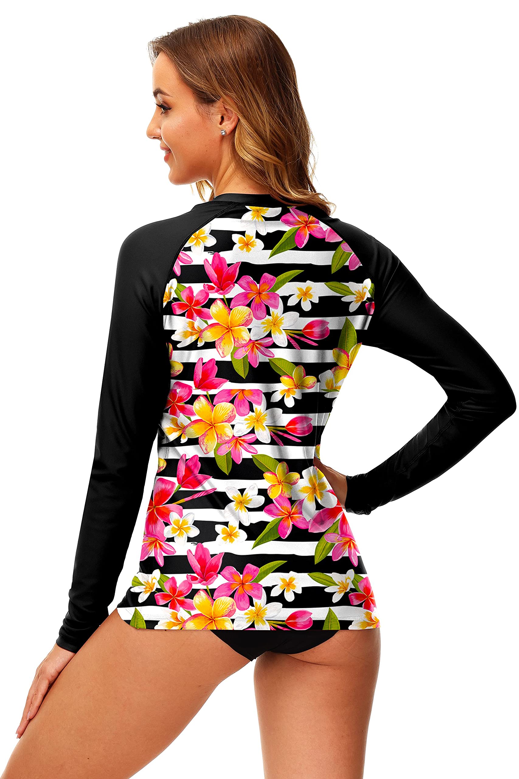 Deerose Damskie koszulki kąpielowe z nadrukiem UPF 50+ Rash Guard Surf Swimwear Top