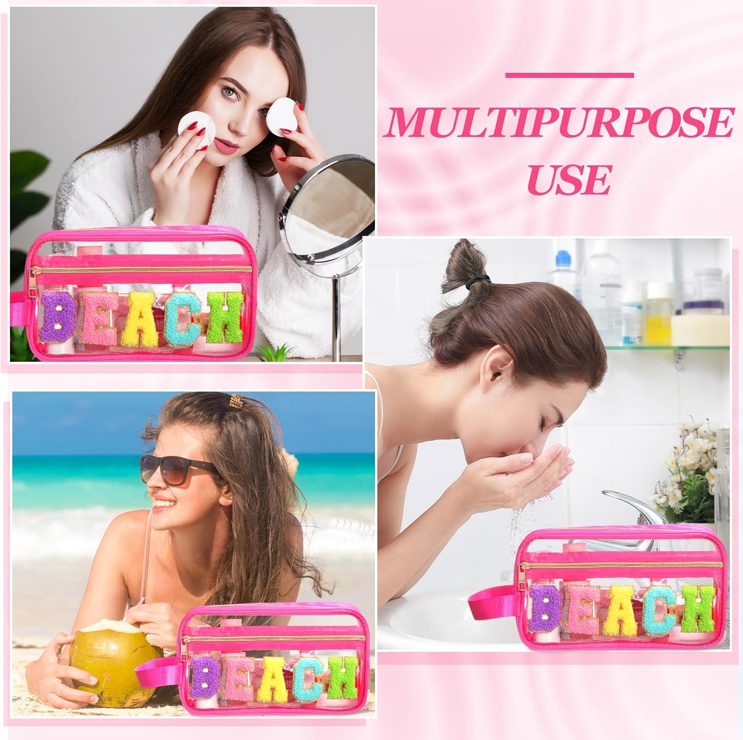 Pinkunn Chenille Letter Bag Clear Makeup Pouch Cute Preppy Letter Patch Cosmetic Bag with Zipper Nylon Waterproof Portable Travel Purse Toiletry Organizer for Appreciation Gift(Rose Pink,Beach) - Image 7