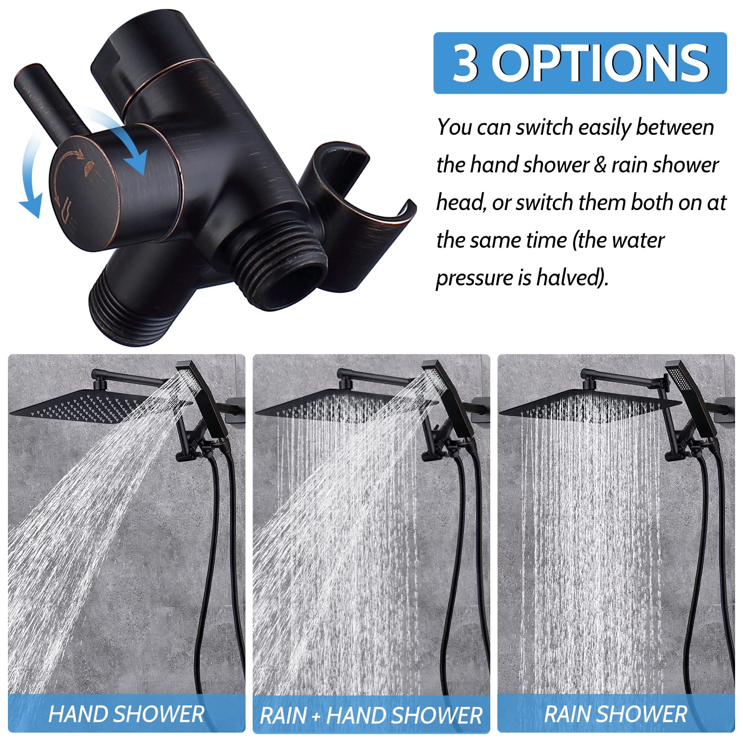 G-Promise All Metal 12 Inch Rainfall Shower Head with Handheld Spray Combo| 3 Settings Diverter|Adjustable Extension Arm with Lock Joints |71 Inches Stainless Steel Hose (Oil Rubbed Bronze)