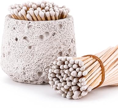 White Matches Included 150 Pcs 3", Concrete Match Holder with Strikers, Candle Matches, Match in a jar for Bathroom, Fireplace Match for BBQ Grill,Long Wooden Safety Match for Candles