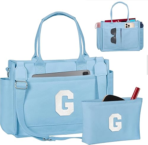 Miniatura 118 de Easter Basket Stuffers, Initial Tote Bag with Makeup Bag, Birthday Gifts for Women, Teen Girl Gifts Trendy Stuff Beige,Negro