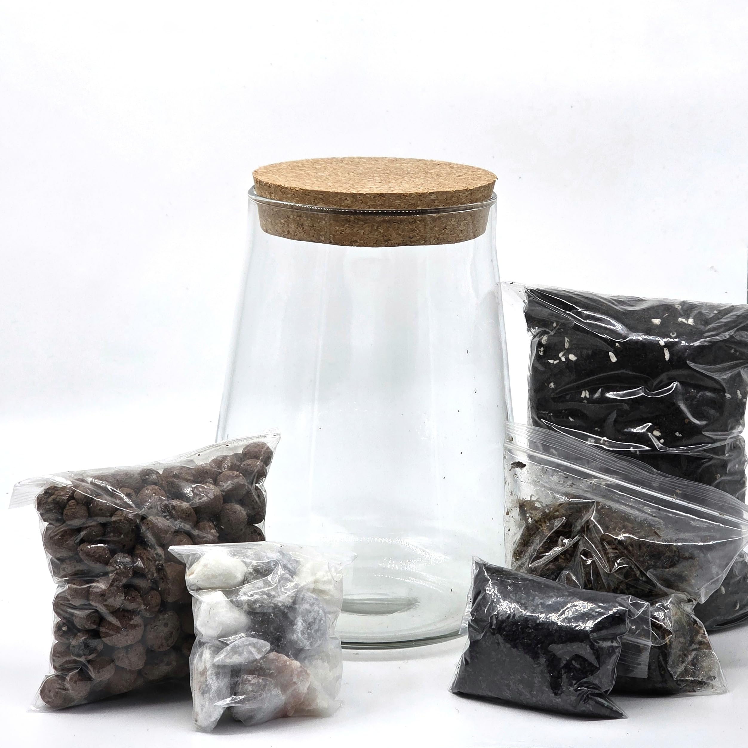 Kit de terrario cerrado con tarro de vidrio de 1,8 L, juego completo de terrario con tapa de corcho, musgo, LECA, tierra y piedras decorativas