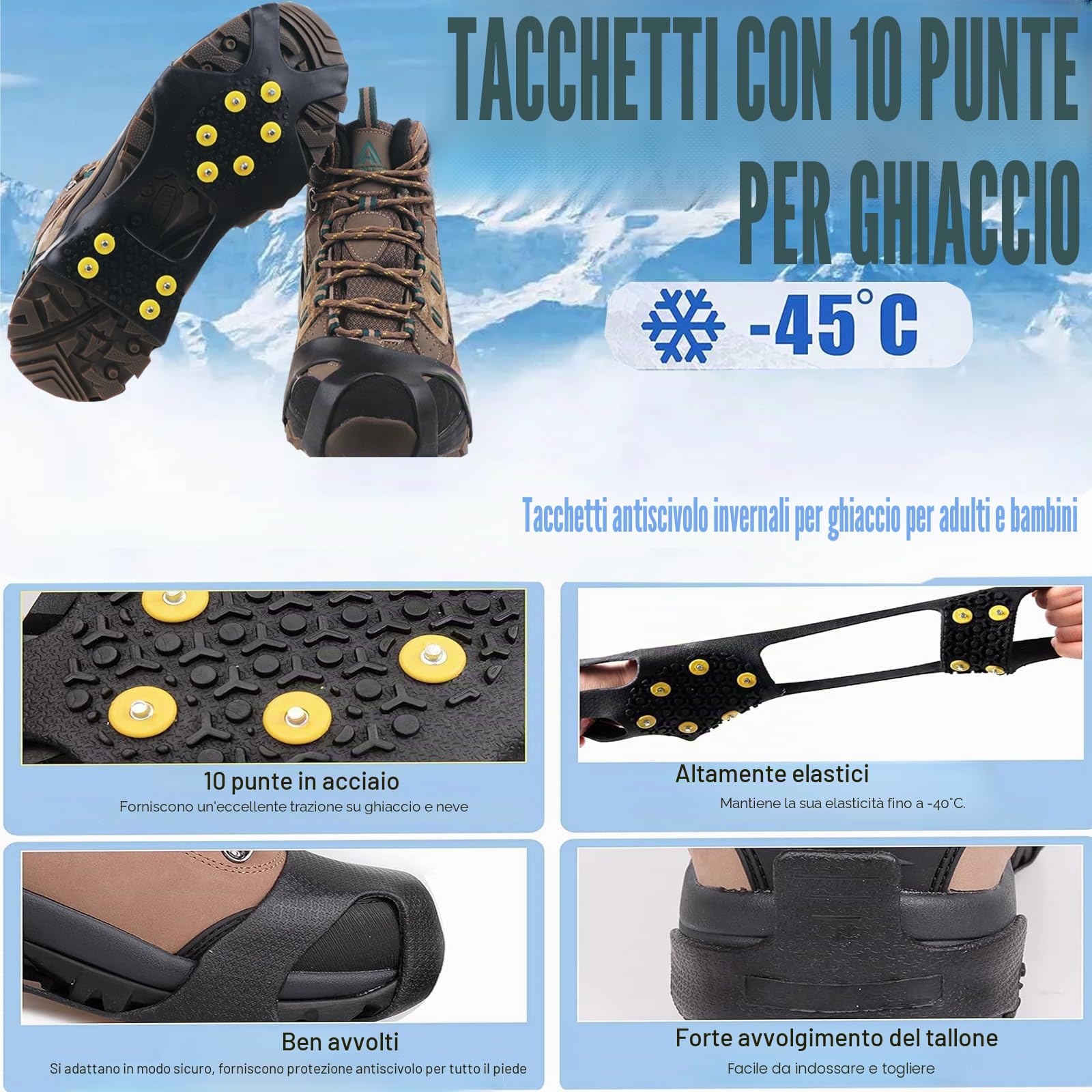 Ramponi per Scarponi,Ramponcini da Ghiaccio Antiscivolo,Neve Ghiaccio Ramponi Tacchetti Spikes per Scarponi da Alpinismo,Scarpe per Ghiaccio Trazione e Outdoor Sci in Inverno 34-47