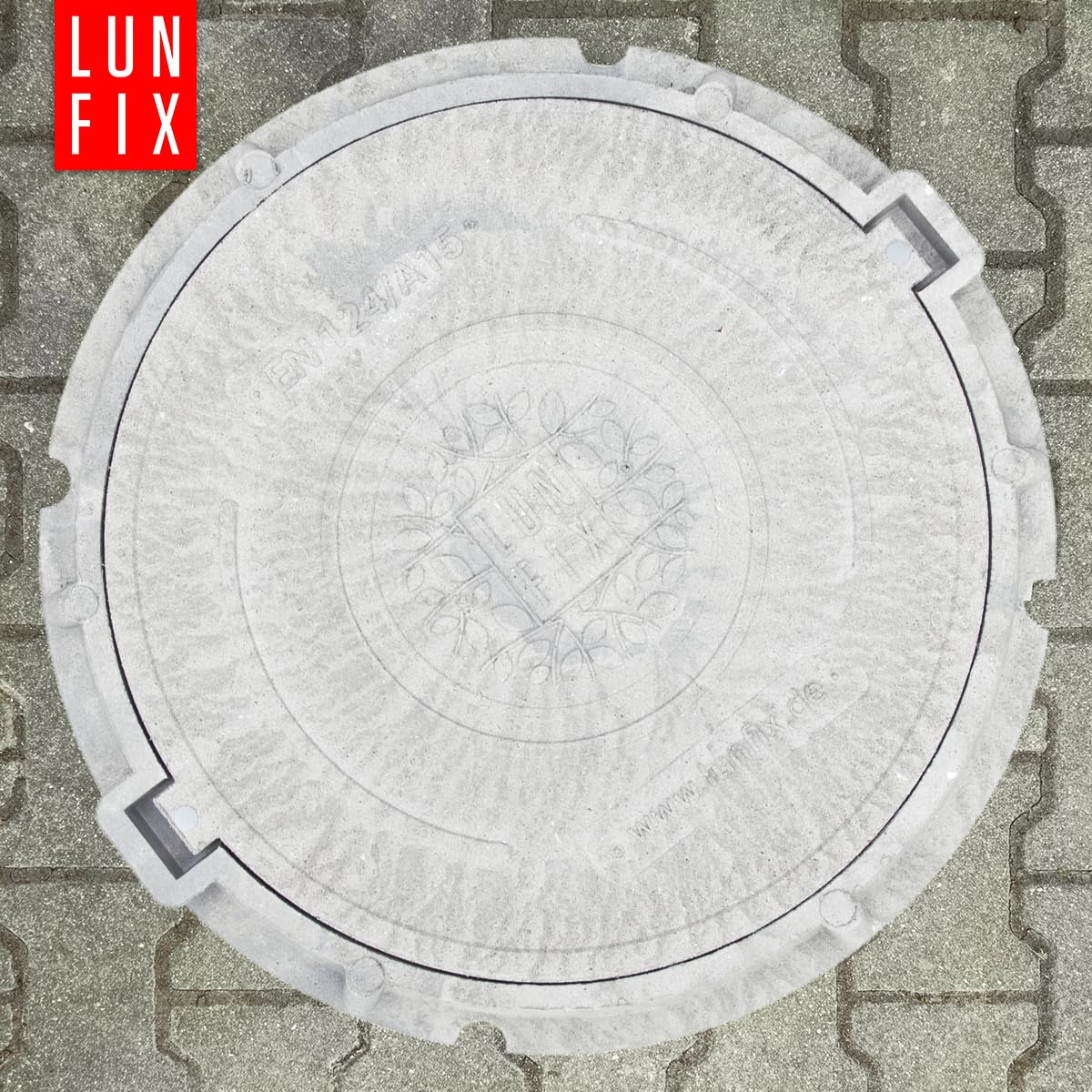Tapa de arqueta redonda DN 600 mm gris claro clase A15 1,5t, Lun Fix | Polímero-sand resistente, tornillos antimanipulación, cubierta de registro para pozo de drenaje
