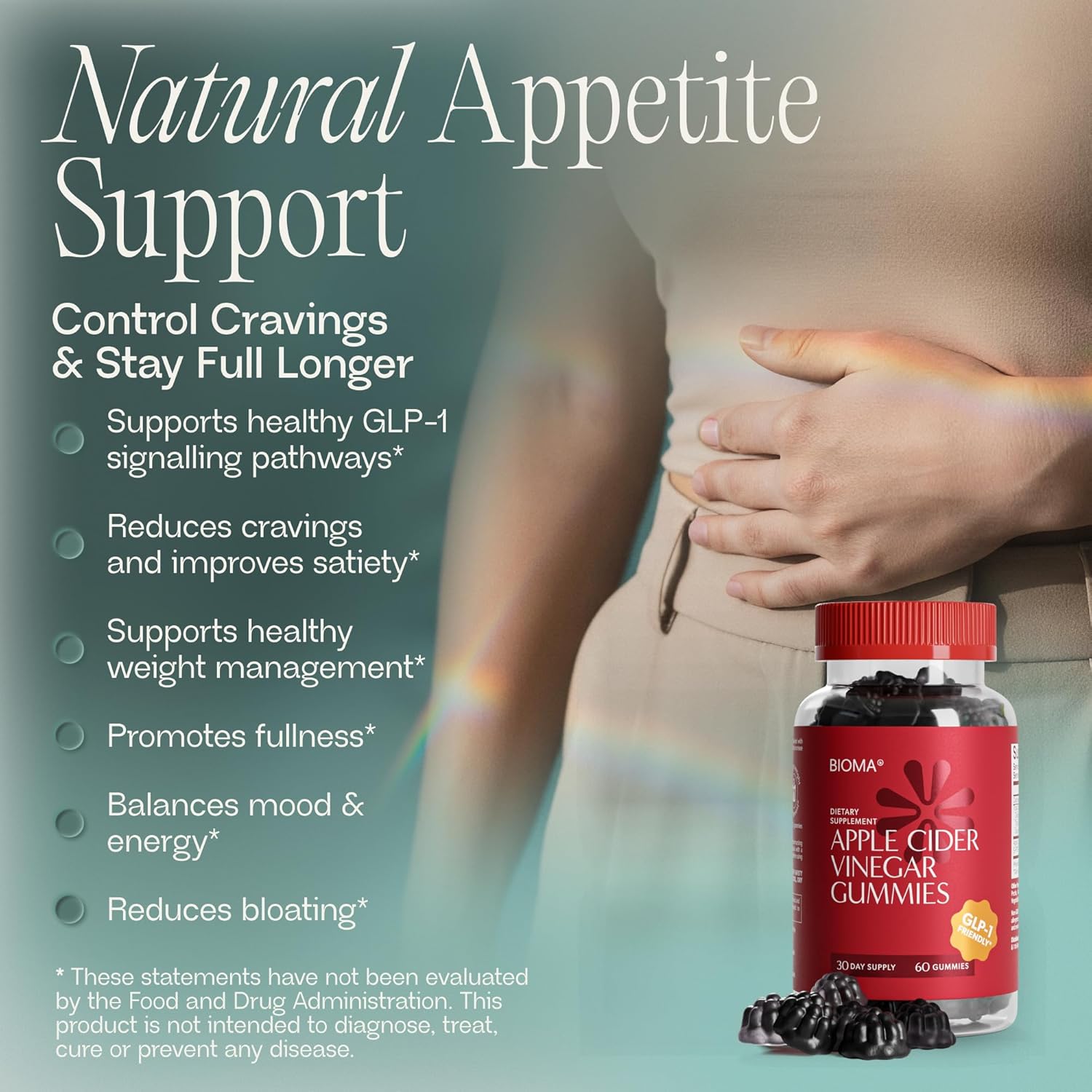 BIOMA Apple Cider Vinegar Gummies Sugar Free - ACV Gummies with 5-HTP & Prebiotic Fiber for Weight Loss, Appetite Control & Digestive Health - GLP-1 Friendly (60 Gummies - 30 Day Supply) - Image 2