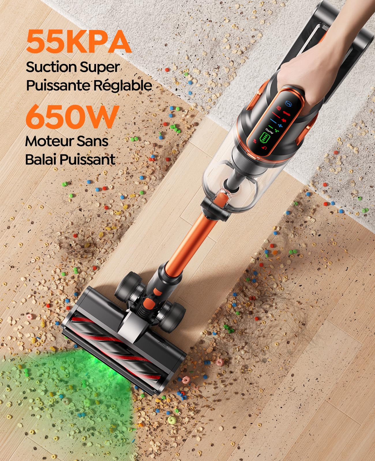Fieety Aspirateur Balai sans Fil, 55kPa/650W/70Min Aspirateur sans Fil Puissant avec Tube Pliable Parfumé Mode Automatique Tuyau Extensible 1m pour Poils d'animaux, Tapis, Sols Durs et Voiture
