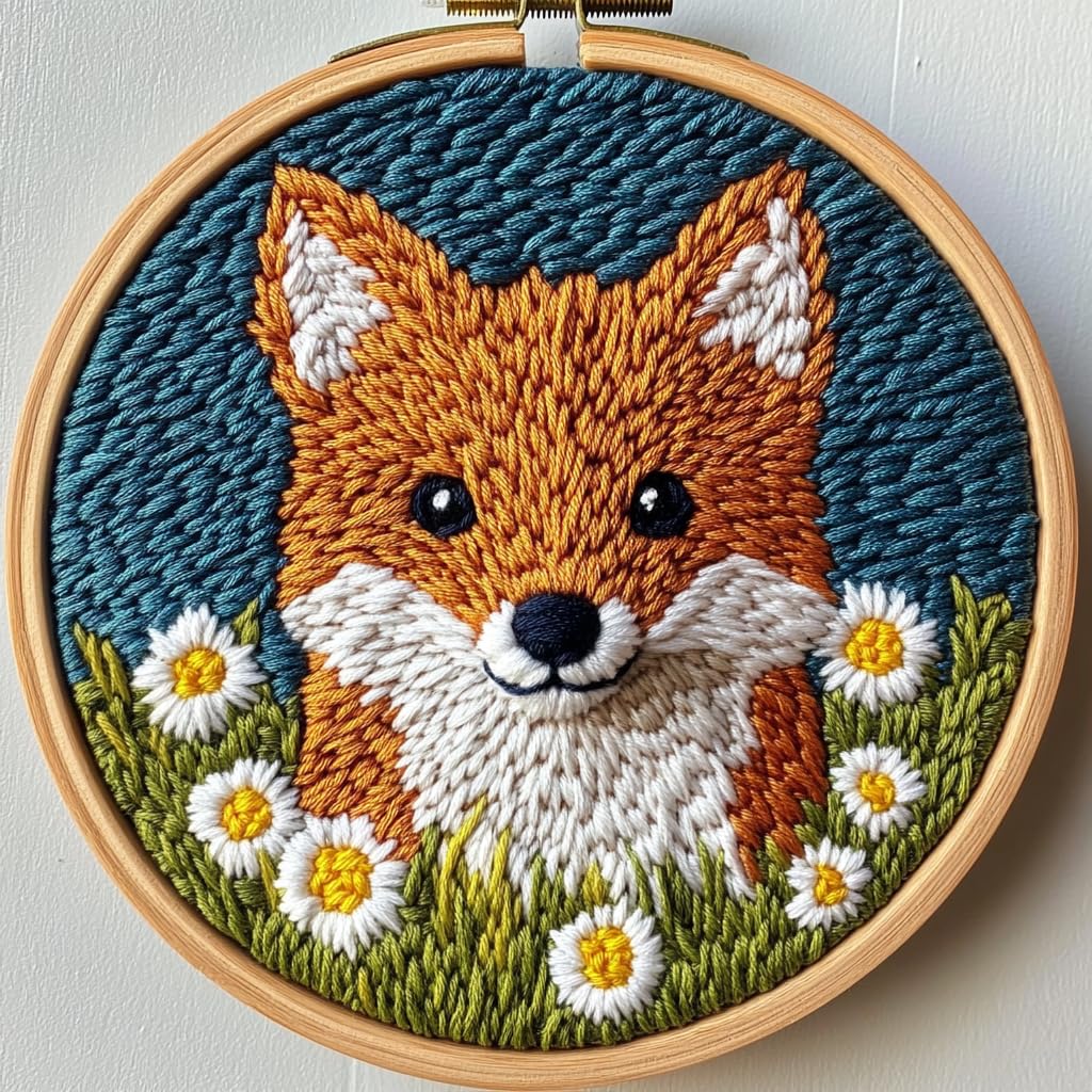 Punch Needle Kit for Beginners, Punch Stitching Kit for Adults, Needle Punch Kits for Adults, Little Fox and Daisy Bushes DIY Embroidery Set for Art Crafts and Decorations