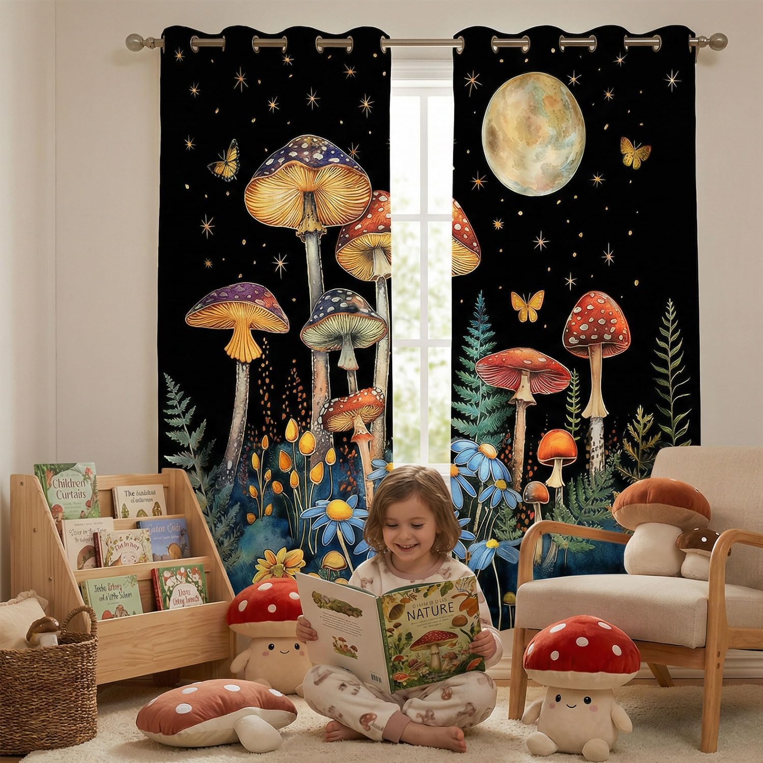 Mushroom Blackout Curtains for Bedroom, Witchy Home Decor Fairy Forest Drapes, Vintage Botanical Room Darkening Window Curtains for Living Room, Thermal Insulated Grommet Panels, 42 x 45 Inch