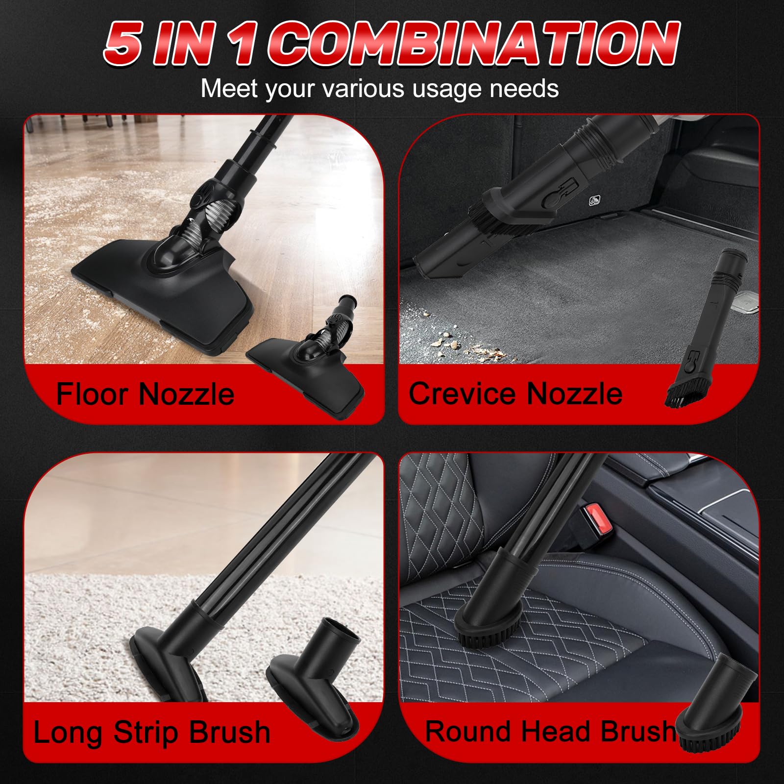 Aspirador de Mano a batería 10000 Pa para Milwaukee 18V (sin batería) | Aspirador Portátil, 4 Boquillas, Depósito 0,75L, para Suelos de Madera, Alfombras, Pelo de Mascota, Coche