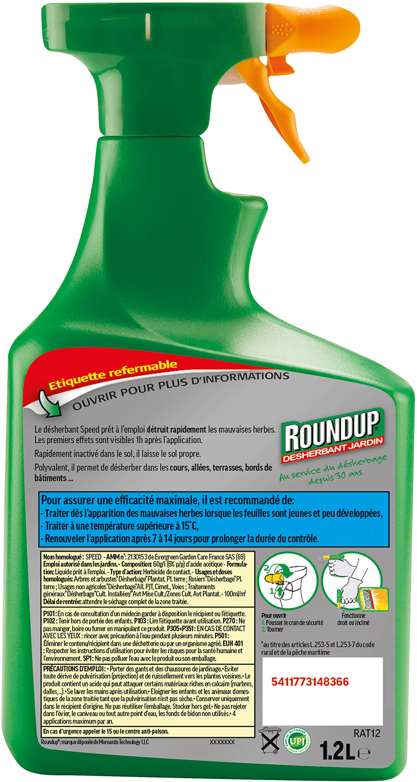 Roundup Désherbant Allées Cours Terrasses 1,2L