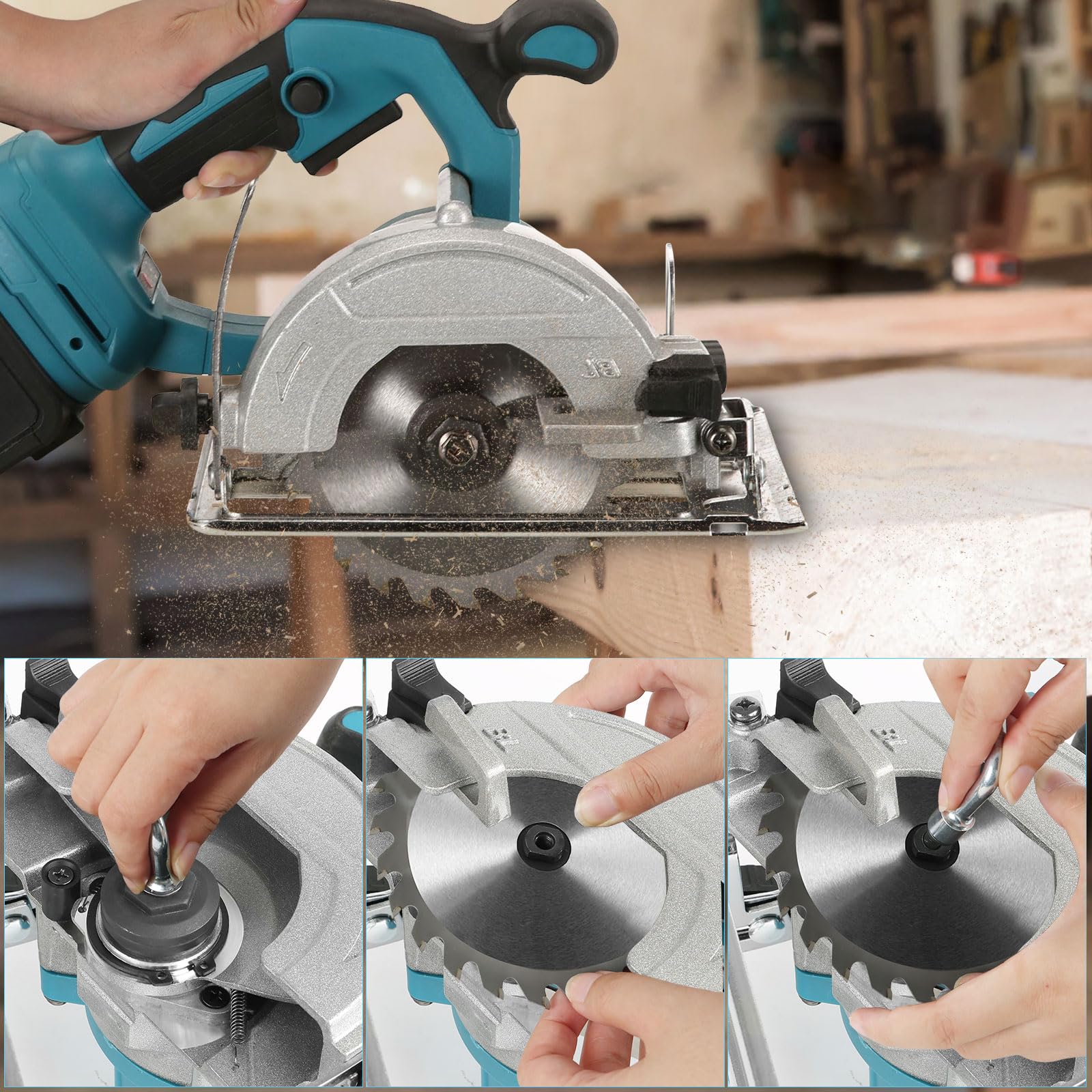 Ręczna pilarka tarczowa 5", kompatybilna z akumulatorem Makita 18 V, 8000 obr./min, bezszczotkowa piła tarczowa z 4 brzeszczotami, metalowy uchwyt pomocniczy, głębokość cięcia 60 mm (90°), głębokość