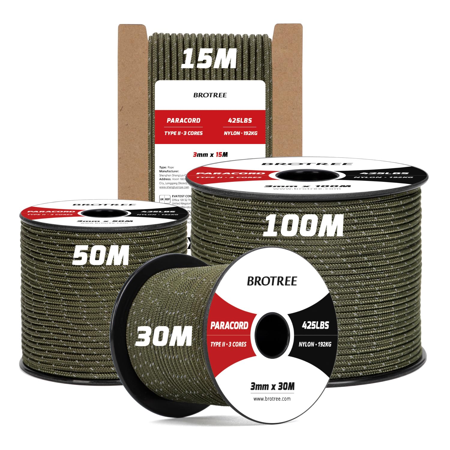 Brotree 3mm Paracord 425 100% Nylon 15M Rope 3 Strands Type II Parachute Cord for Outdoor, Craft, DIY - 192kg Breaking Load (Reflective Army Green)
