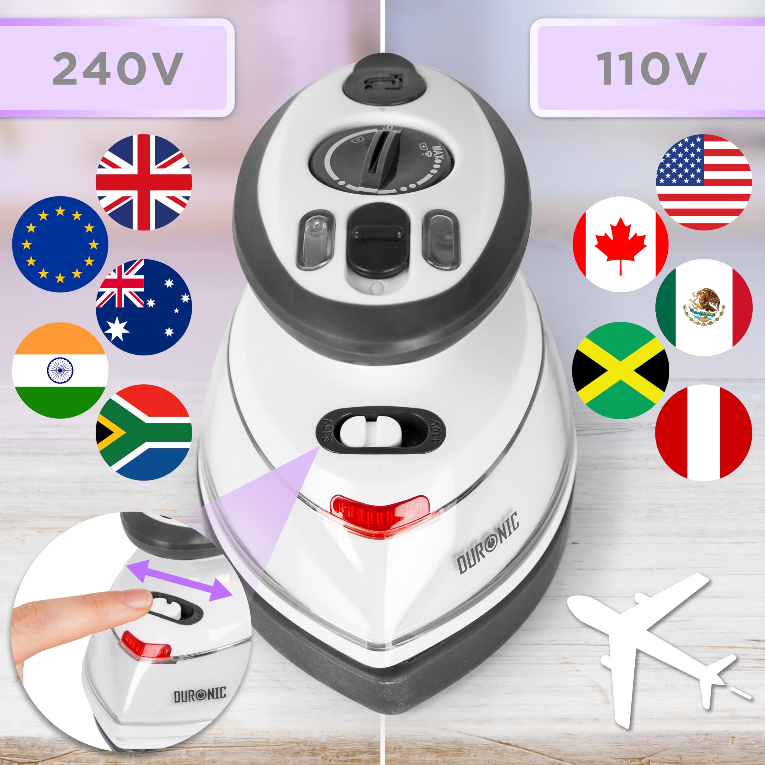 Duronic SI3 WE Mini Ferro da Stiro, Ferro da viaggio a vapore 400W, Serbatoio 35ml, Steamer portatile con base d’appoggio e borsello da viaggio, Per lavori di cucito, quilting, Bianco
