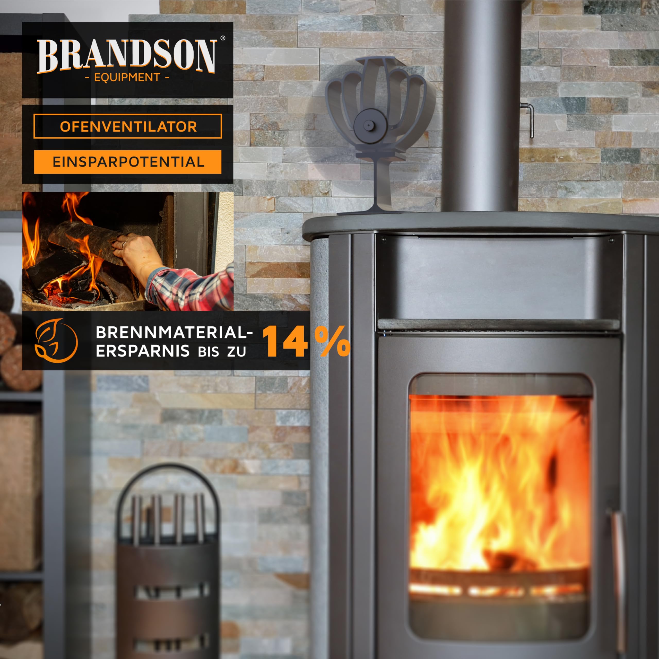 Brandson - wärmebetriebener Kaminventilator - Ofenventilator - Lüfter für Kaminöfen Holzöfen Öfen - 4 Flügel Rotorblätter – Rotordurchmessser 180mm – Wärmeverteiler ohne Strom – schwarz