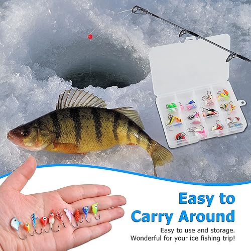 Miniatura 7 de Juego de señuelos de pesca en hielo, 48 piezas de equipo luminoso de pesca en hielo Crappie Panfish Jigs Head Fishing Hooks Set para invierno Ice