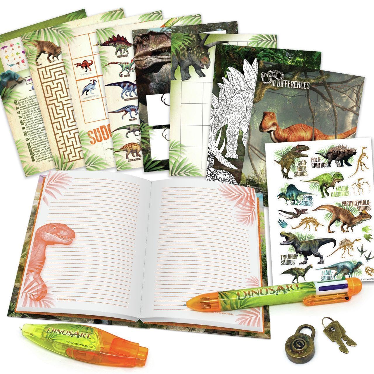 Journal Intime Dinosaure DinosArt + Stylo 6 Couleurs + Applicateur de Motifs - Carnet Secret pour Garçon et Fille, 200 Pages Dont 44 Pages d'Activités, 1 Page d'Autocollants - Enfant 7 Ans et Plus