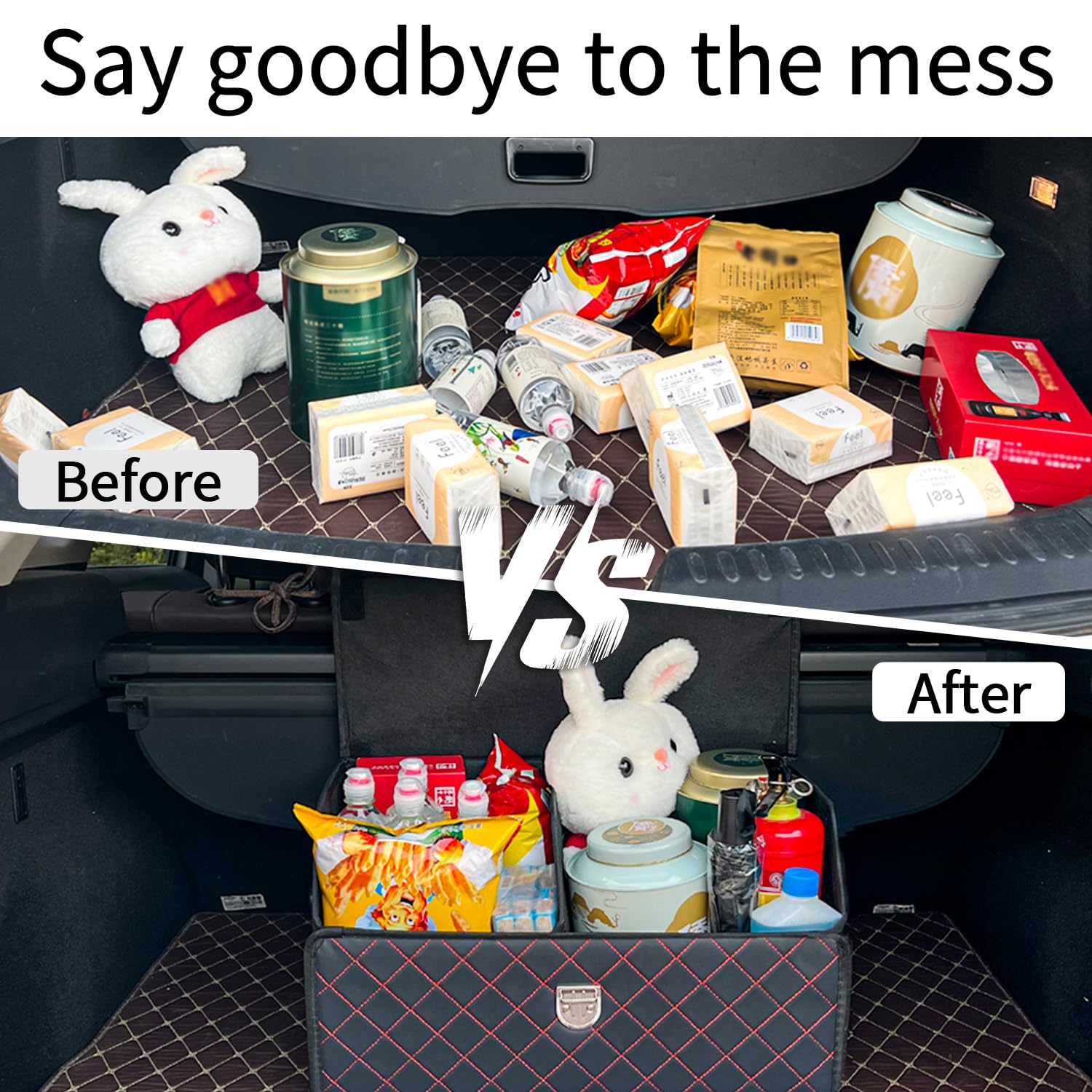 Organizador de maletero para coche con tapa, organizador plegable para SUV y sedanes, caja de almacenamiento de cuero multifuncional, cuadrícula negra y roja, pequeño