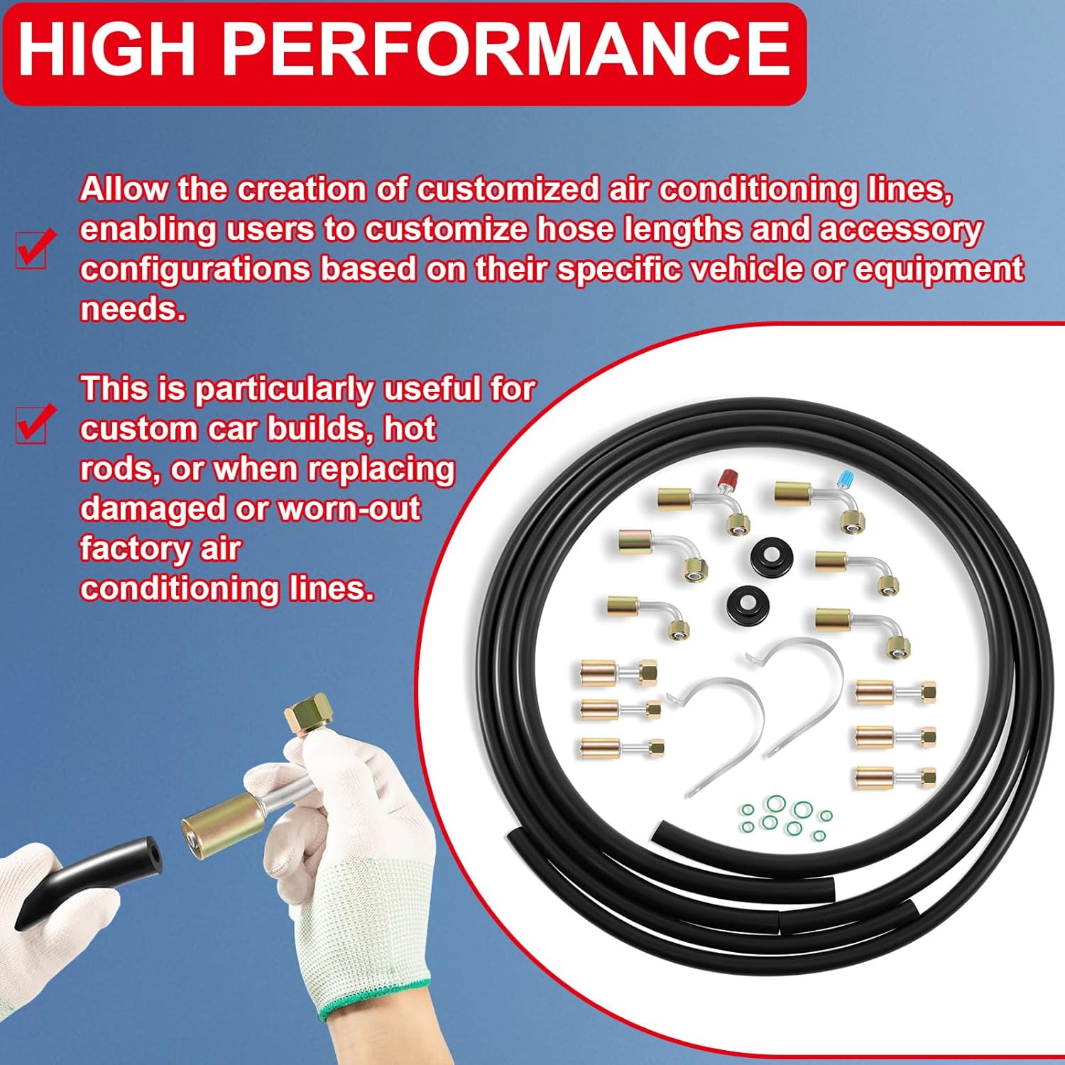 42810100 A/C Hose & Fitting Kit for Custom Air Conditioning Lines, with AN6/AN8/AN10 Hoses, Straight & 90° Fittings, O-Rings, Band Clamps & Grommets