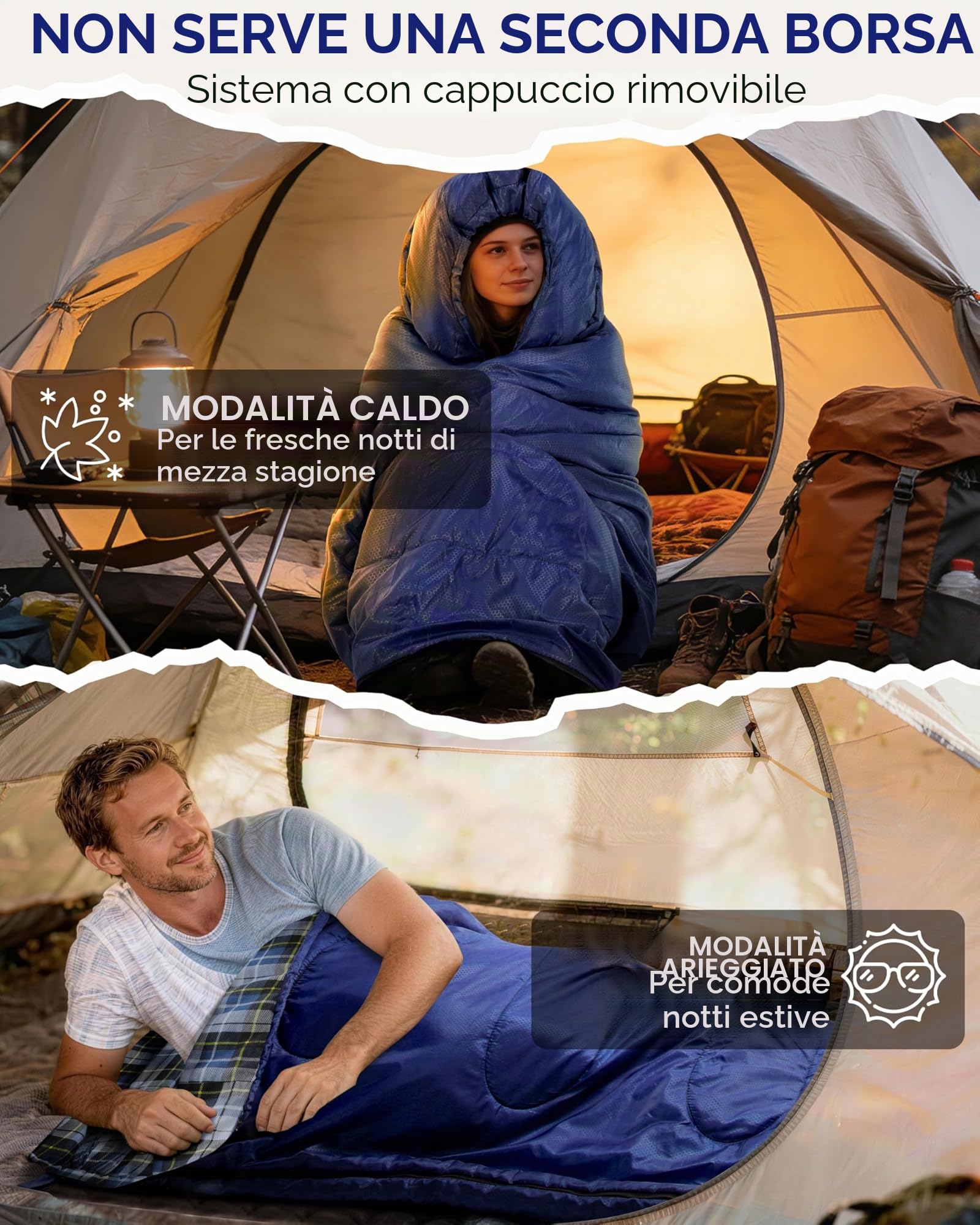 Sportneer Flanella Sacco a Pelo Invernale Per Adulti 220 x 85 cm, Sacchi a Pelo 4 Stagioni con Cappuccio Staccabile Portatile per Trekking Campeggio Alpinismo Viaggi Escursionismo