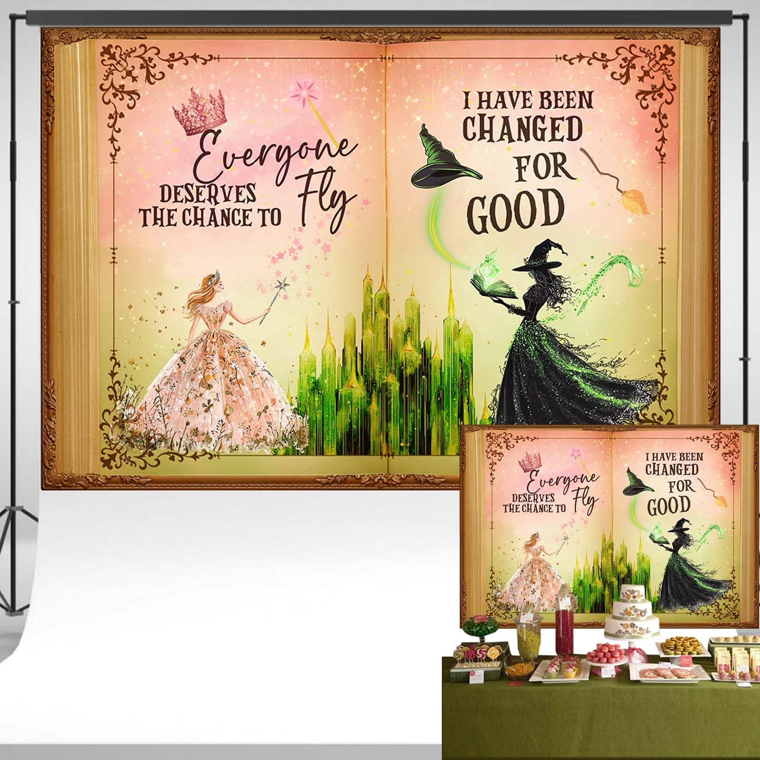 Witch Wizard Fairytale Open Book Backdrop Vintage Style Green and Pink Background Magic Castle Banner Girls Birthday Party Decorations 7x5 ft 10