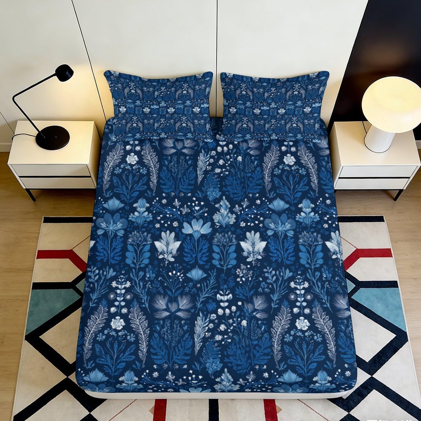 3D Printed Floral Baroque Fitted Sheet Microfiber Blue Tapestry Mattress Cover for Bedroom Dorm Easy Care 90x200x25cm
