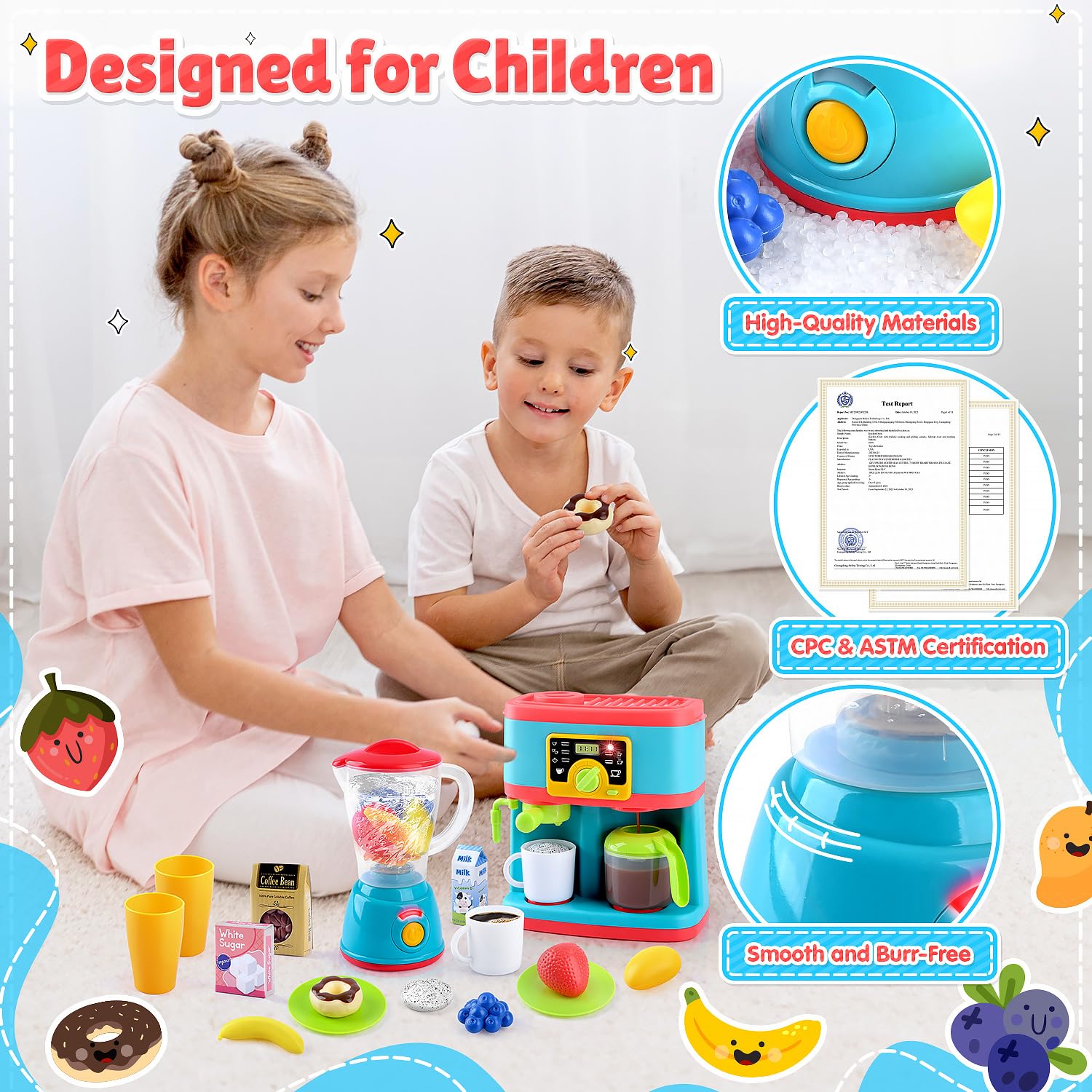 Juego de electrodomésticos de cocina, juego de cocina para niños con cafetera, licuadora de juguetes y alimentos de juego, con luces y sonidos realistas, accesorios de cocina de juguete, regalo 5