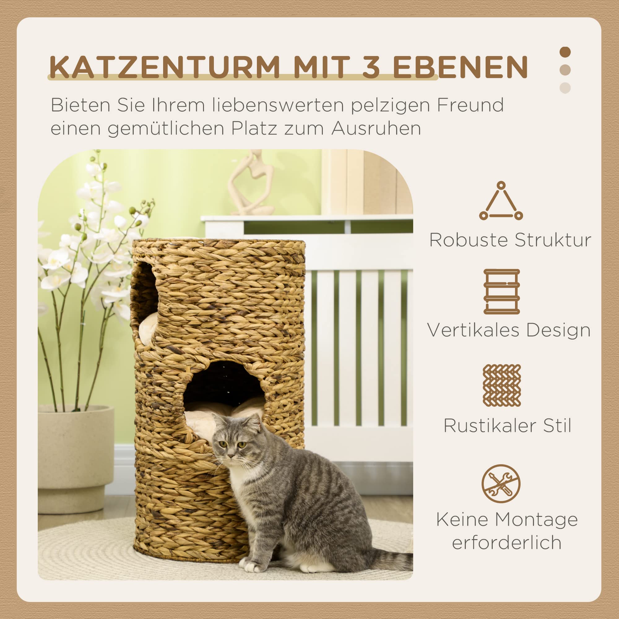 PawHut Tazzone tiragraffi alto 73 cm con 3 grotte, albero tiragraffi con cuscino, torre per gatti in giacinto d'acqua, per gatti fino a 3,5 kg, marrone chiaro
