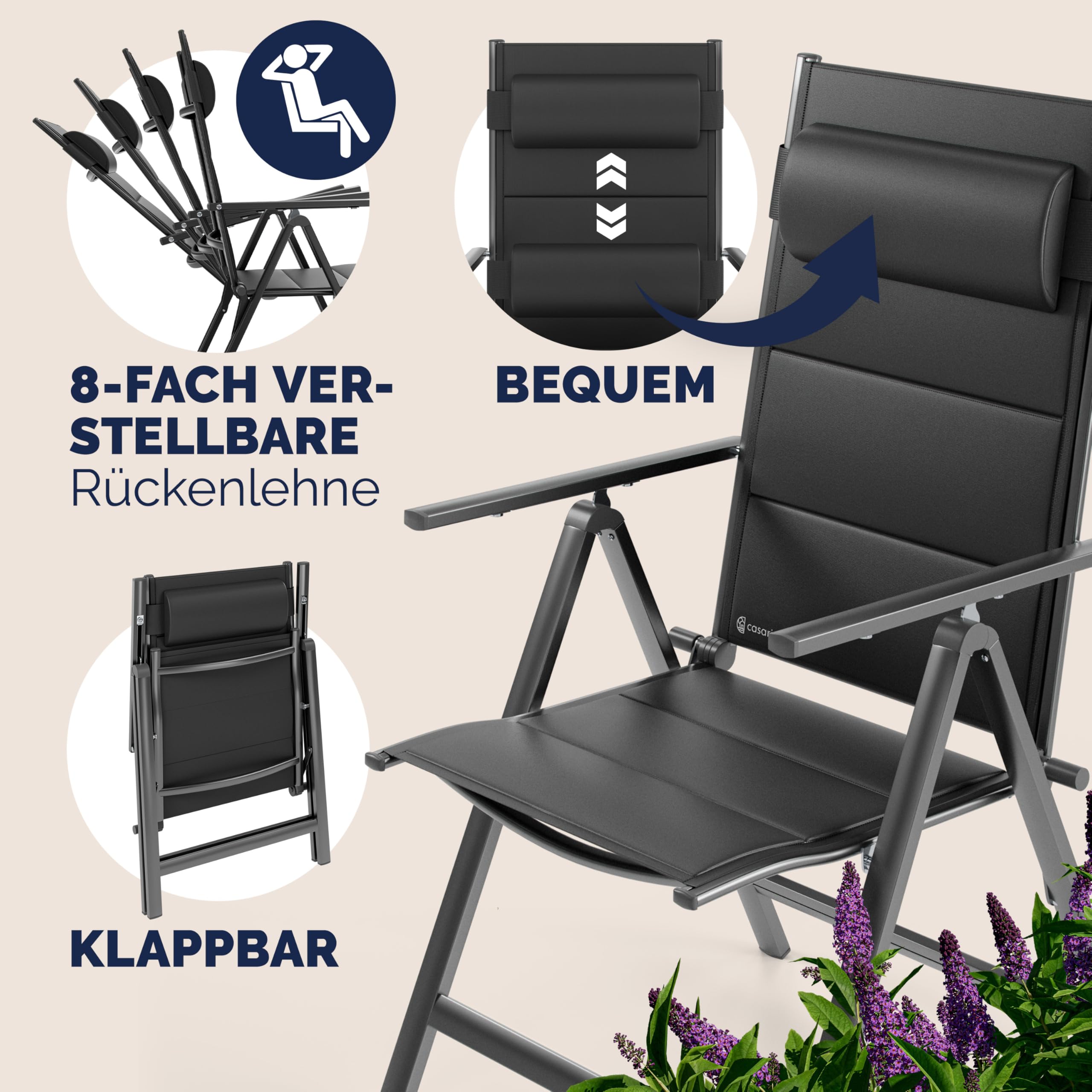 Casaria® Gartenstühle 4er Set Klappbar Gepolstert Alu 8- Fach Verstellbar 120 kg Belastbarkeit Wetterfest Outdoor Balkon Camping Hochlehner Klappstuhl