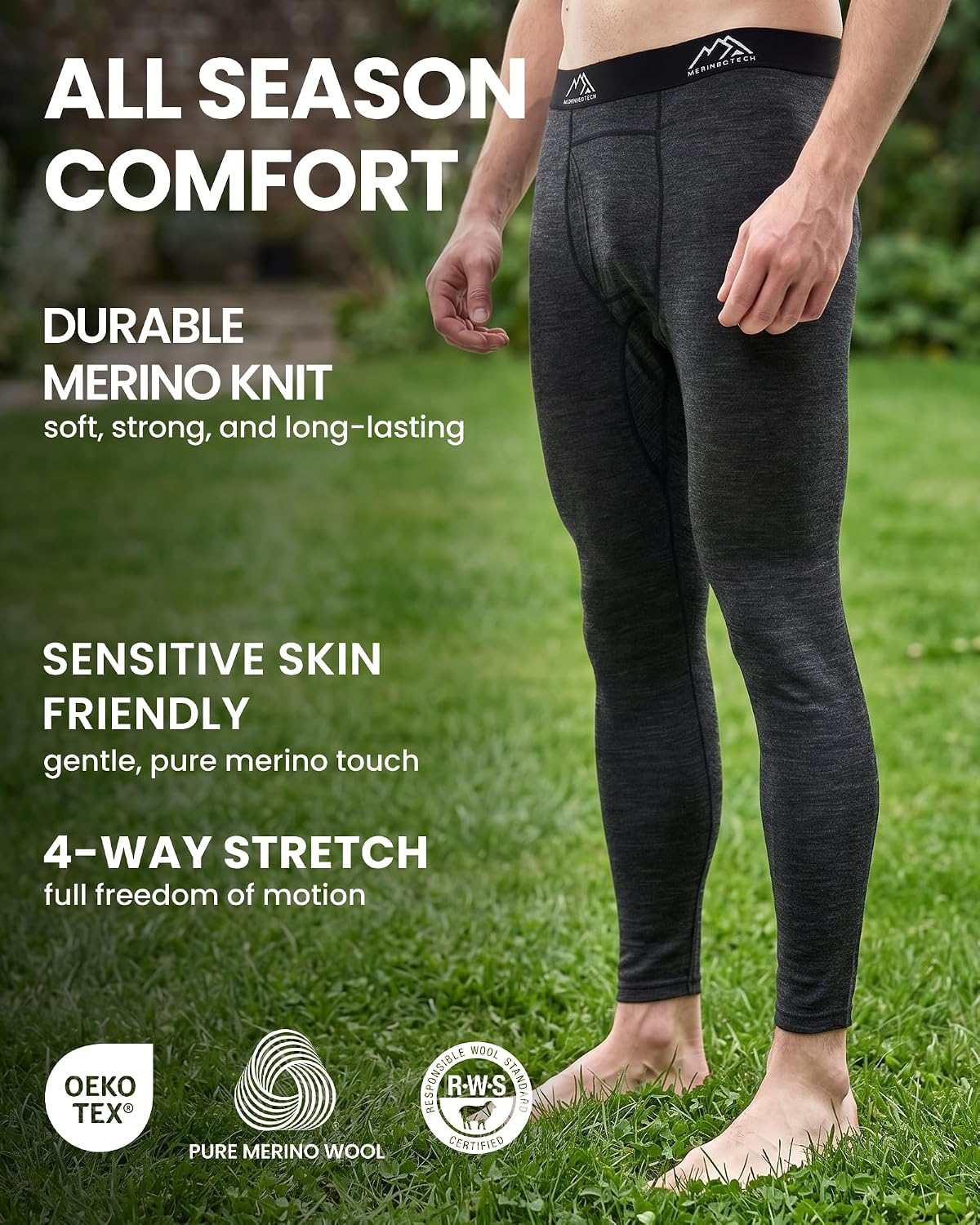 Merino Wool Base Layer Mens Pants - Long, 3/4 Length Merino Wool Thermal Long Johns for Men Underwear Bottoms Leggings