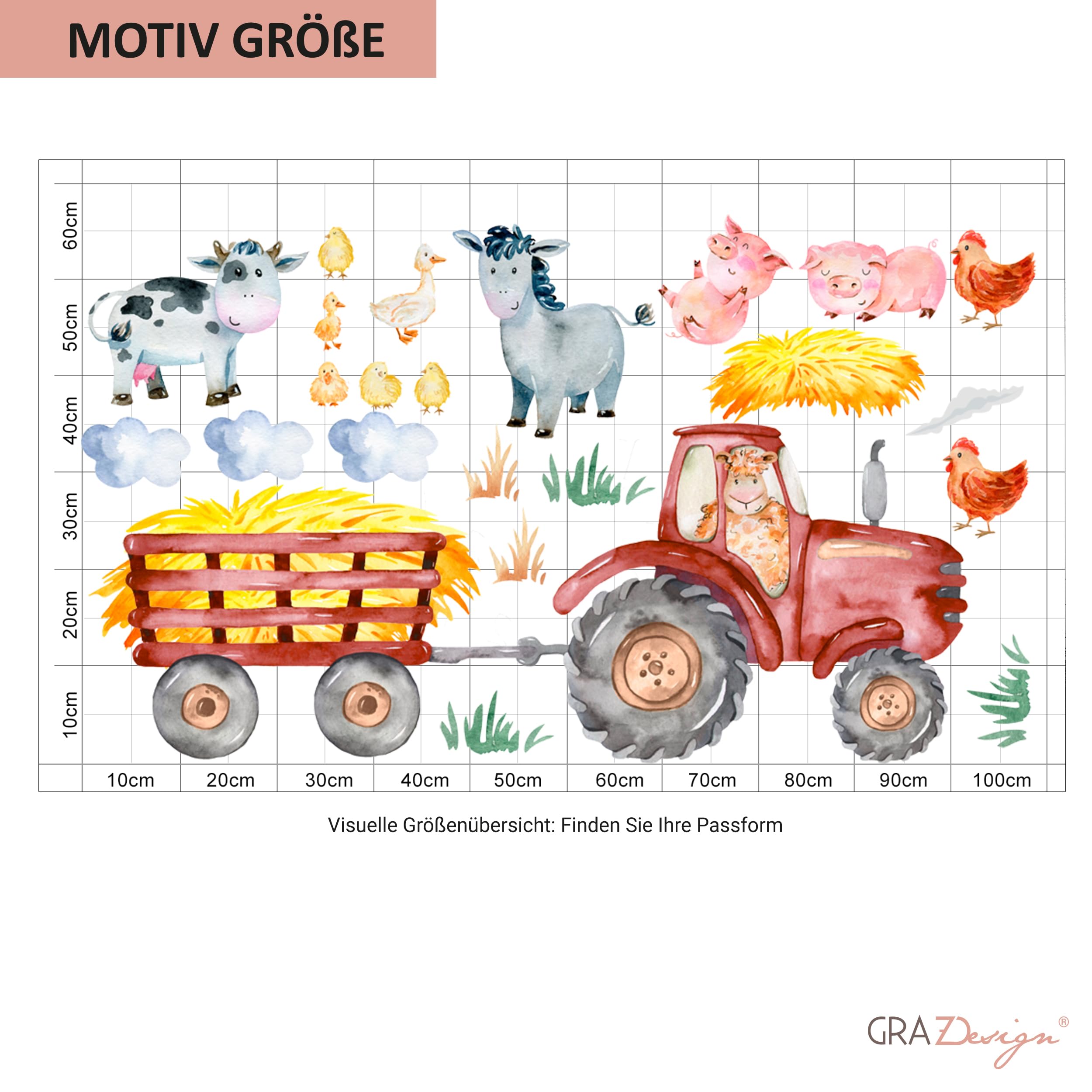 GRAZDesign Adesivo Murale Per Cameretta – Trattore Rosso Con Animali – 100 X 57 Cm – Prodotto In Germania