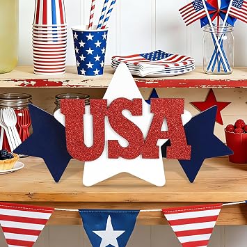 COCHIE Glitter USA Sign 4th of July Decorations for Office, Home, Table, Mantel, Shelf, Desk, 5x10 Inch Patriotic Memorial Day Star Sign, Wooden Red Blue White Decor Labor Day Centerpiece (Star)