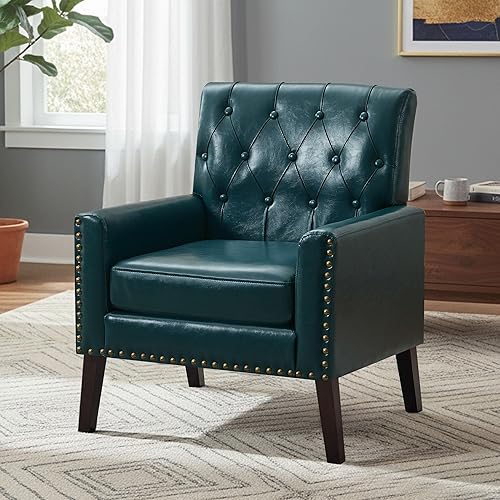 Miniatura 3 de Silla decorativa moderna de mediados de siglo, silla de oficina de piel sintética azul para recepción, silla de club de cuero azul para sala de