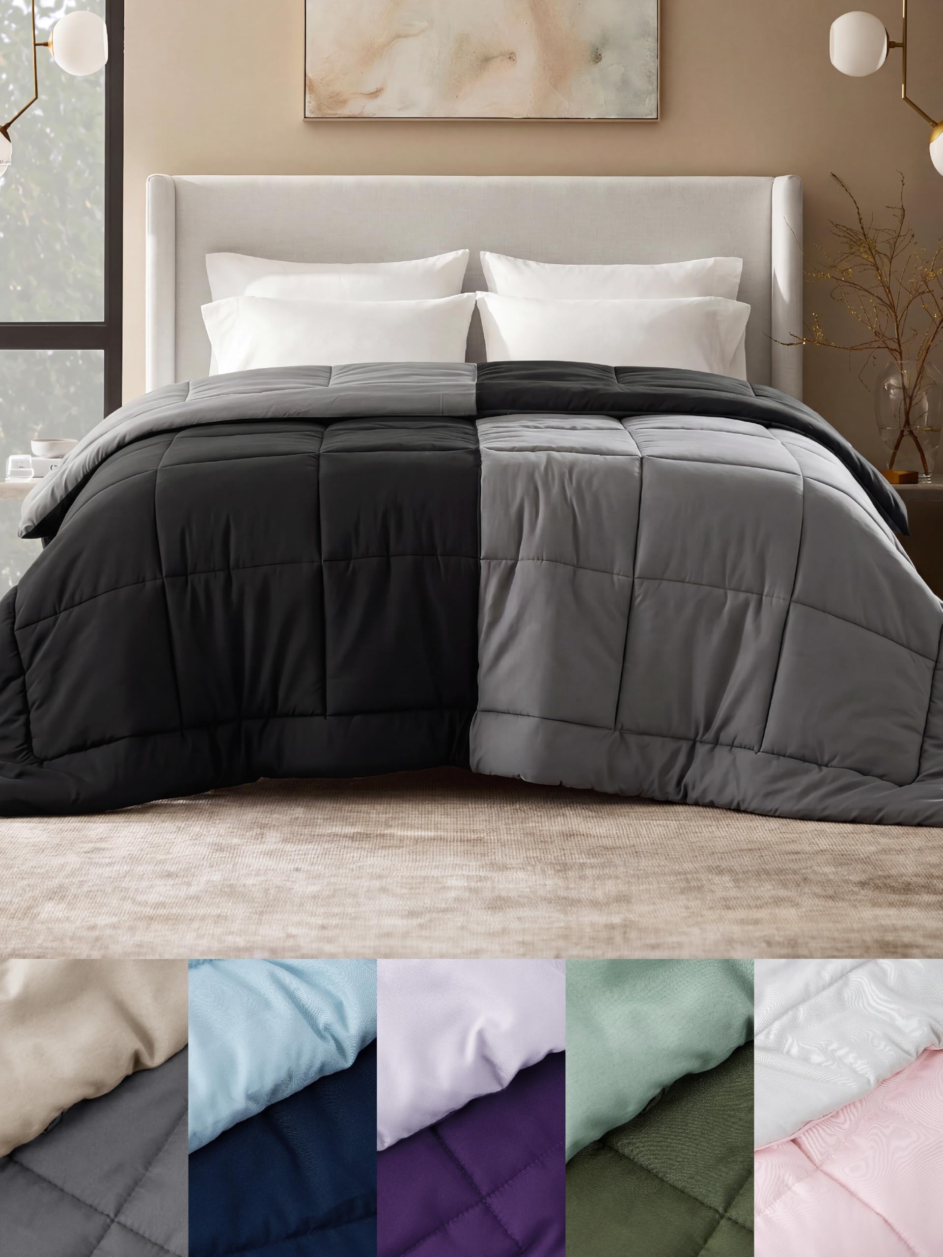 Comforters Queen Size Duvet Insert, Quilted Down Alternative Comforter, Ultra Soft Lightweight Comforter Blanket for Bed, with 8 Tabs, Machine Washable, 88x88 in, Black/Grey