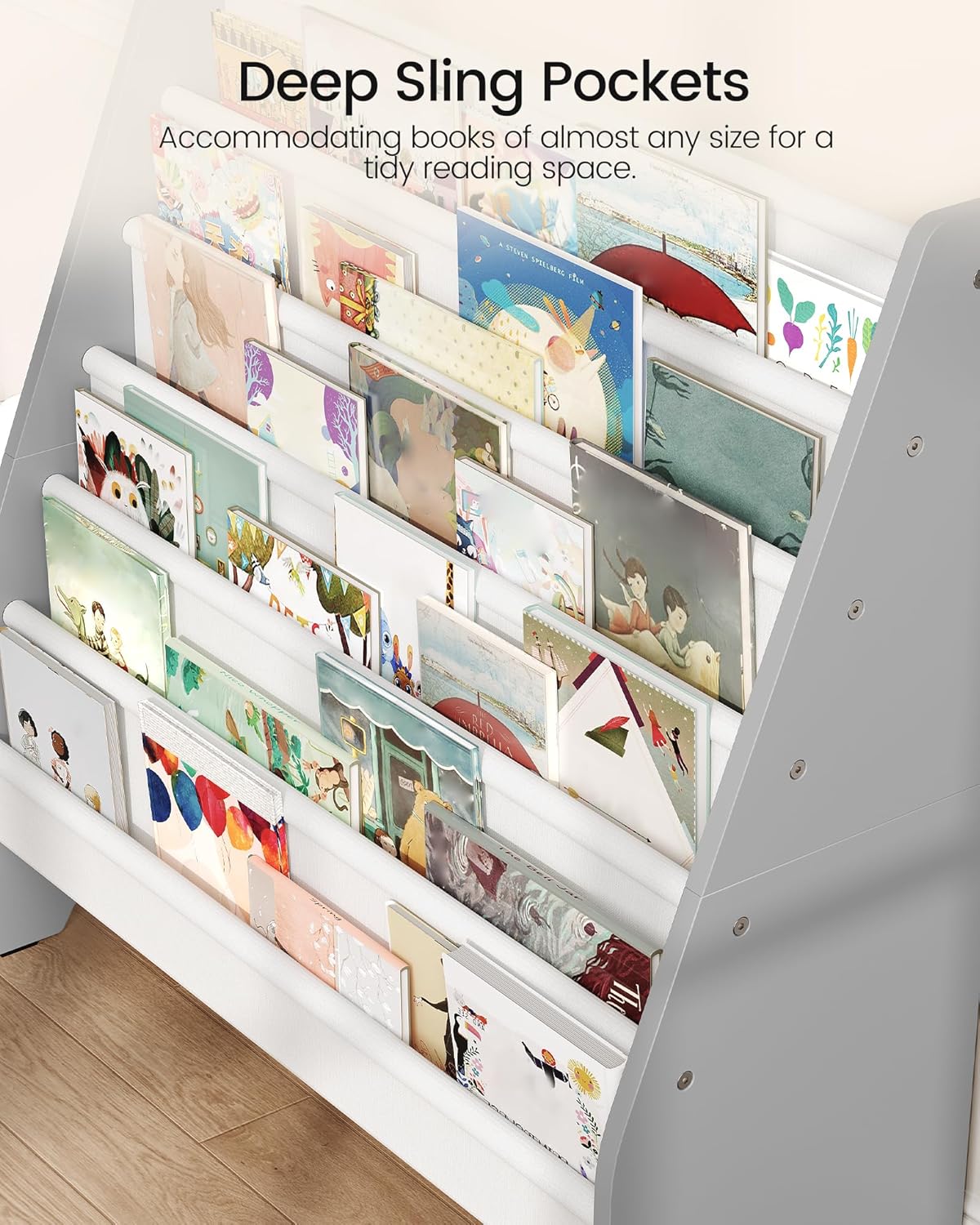 6-Tier Kids Bookshelf, Book Shelf for Kids Room, Sling Bookcase, Magazine and Book Storage Rack, Large Capacity Book Organizer for Nursery, Bedroom, Playroom, White and Gray MCW07WG - Image 4