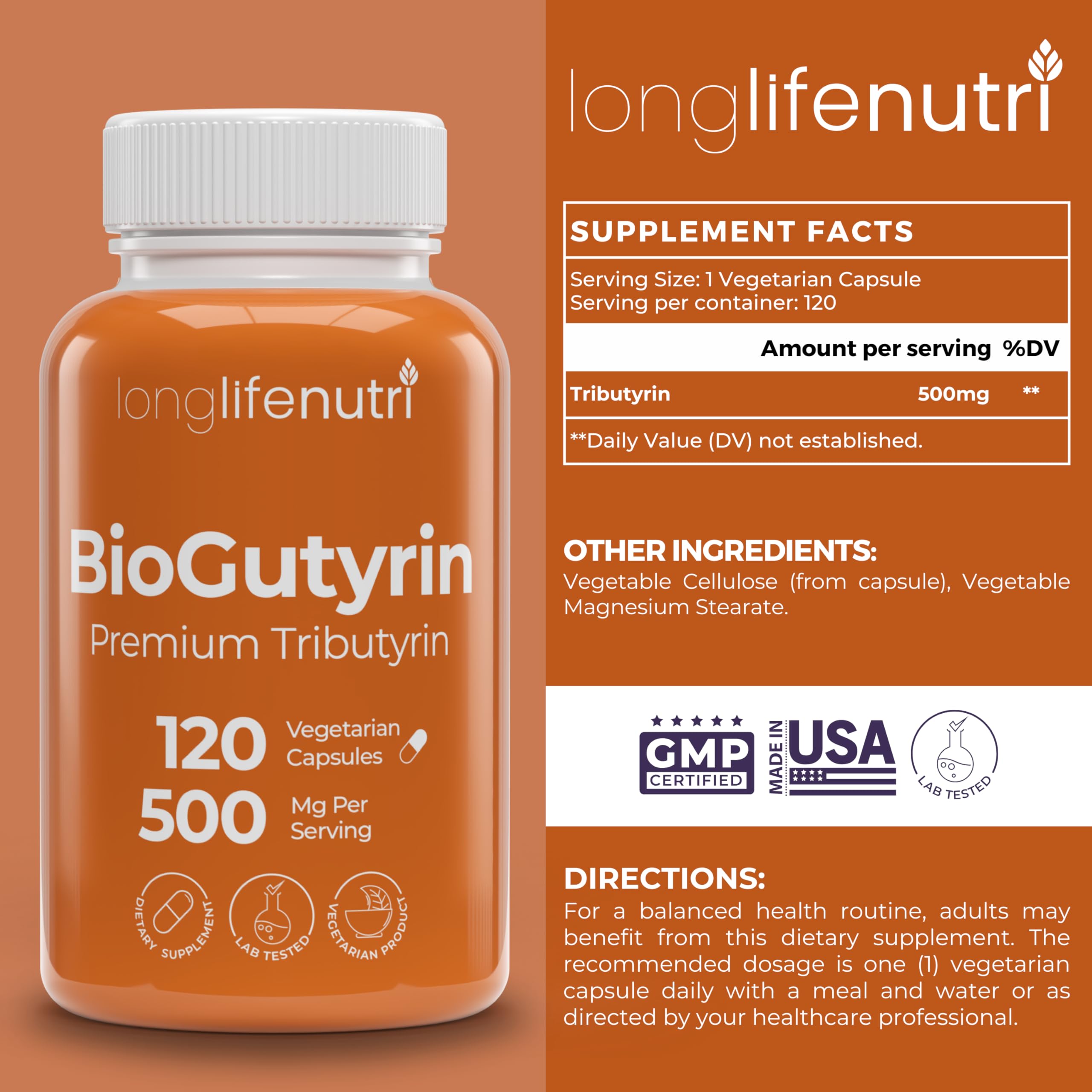 LongLifeNutri Tributyrin 500mg, 120 Vegetarian Capsules, 4-Month Supply — Amazon image 2