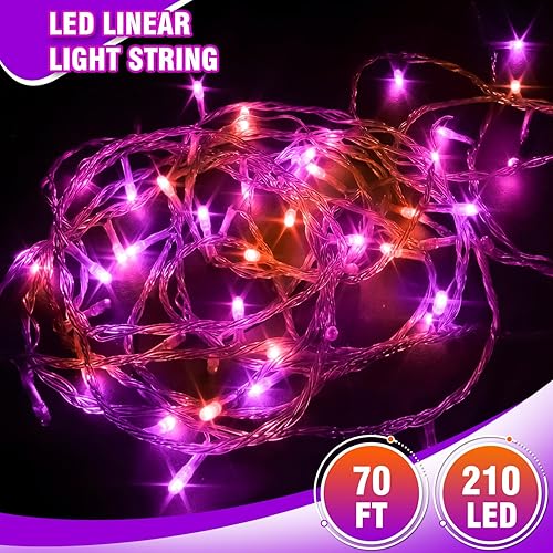 Miniatura 4 de Guirnalda de luces LED moradas y naranjas de 70 pies - 210 LED en cable transparente, decoración navideña impermeable y conectable, espeluznante