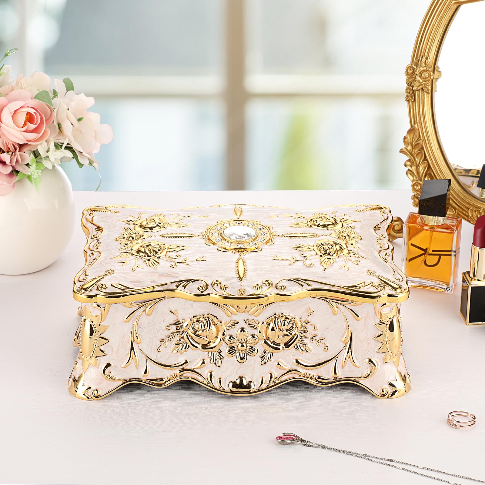 IGNPION Vintage-Schmuck-Aufbewahrungsbox, dekorative Schmuckvitrine für Ringe, Halsketten, Ohrringe-Aufbewahrung, große Metall-Schmucksachen-Organizer-Box (Beige, XXL)