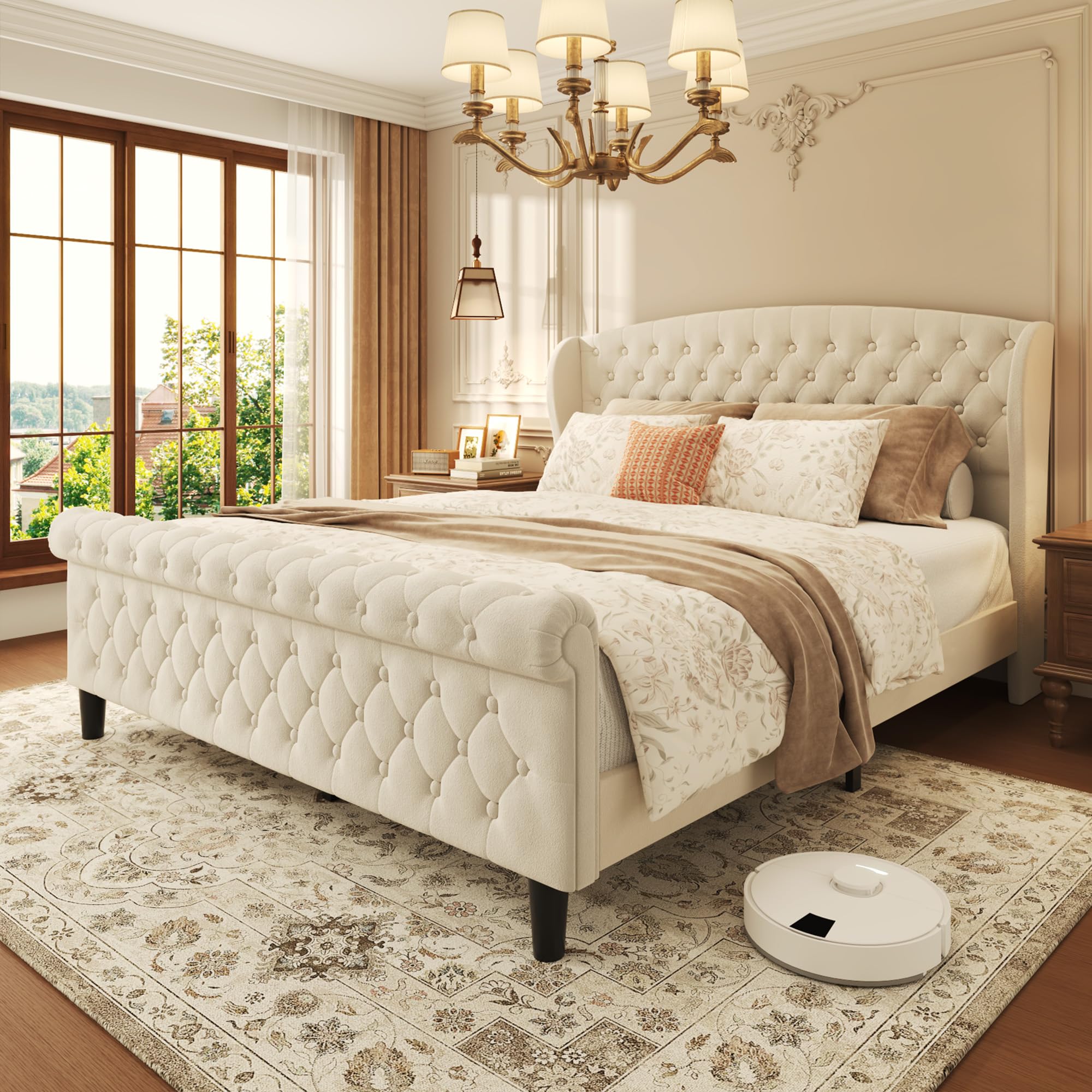 HISOFT Queen Platform Bed Frame, Velvet Upholstered Sleigh Bed with Wingback Tufted