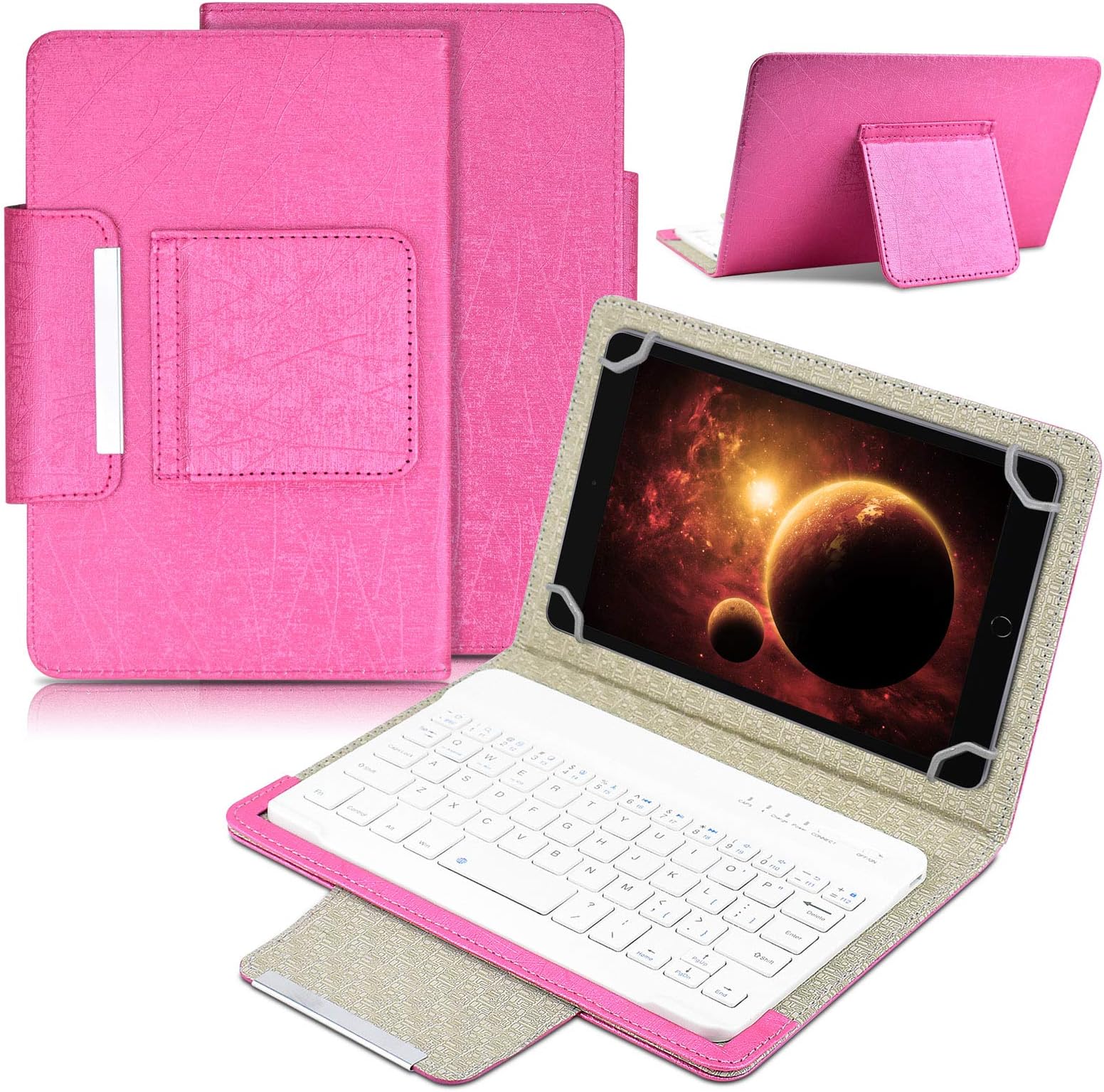 DETUOSI Universal 8.0 inch Tablet Keyboard Case, Wireless Bluetooth Removable Keyboard + Folio PU Leather Cover + Stand, Travel Portable Leather Sleeve for iOS/Android/Windows 8.0'' Tablet #Hot Pink