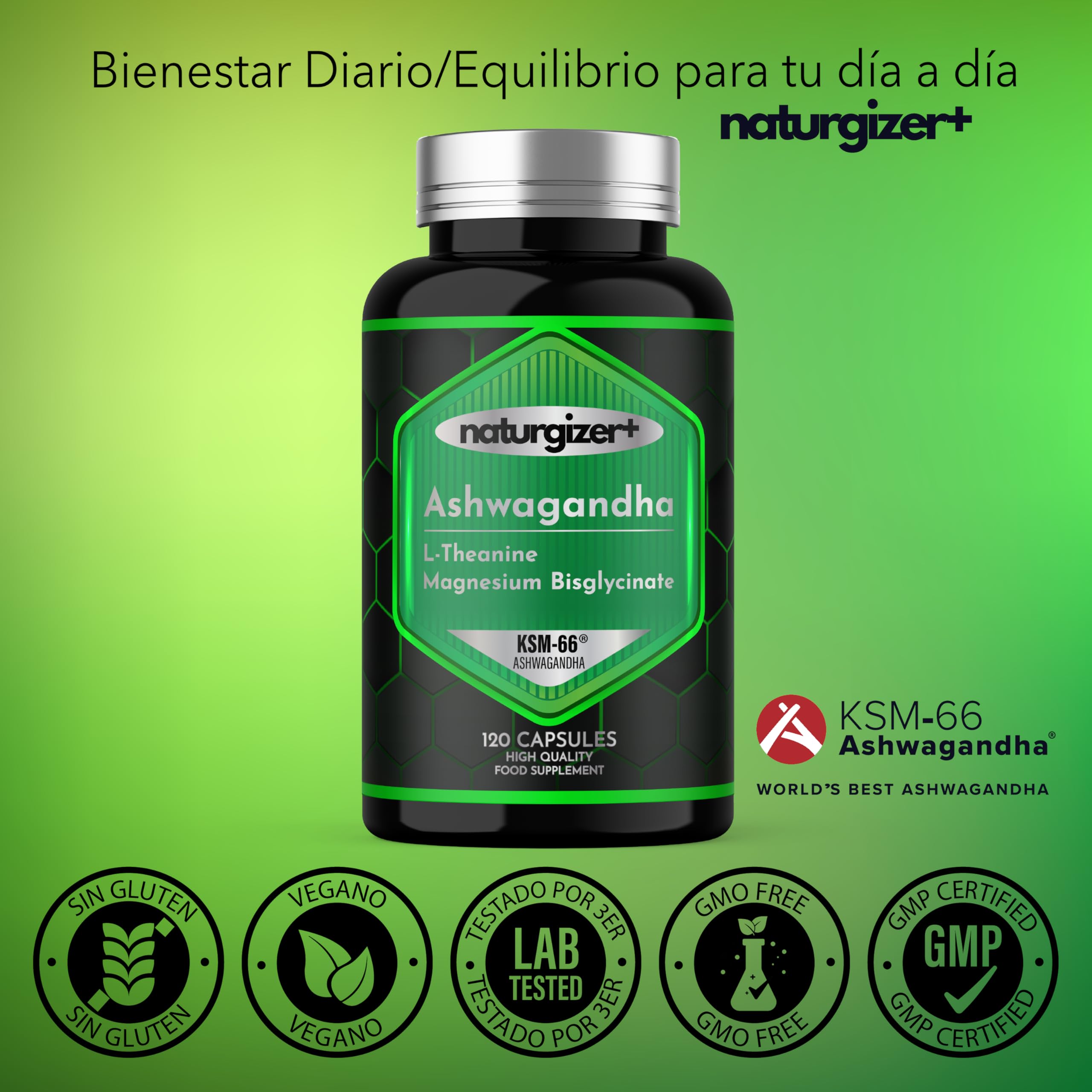 Naturgizer+ Ashwagandha KSM-66 + L-Theanina + Magnesio: Fórmula para el Bienestar Diario.