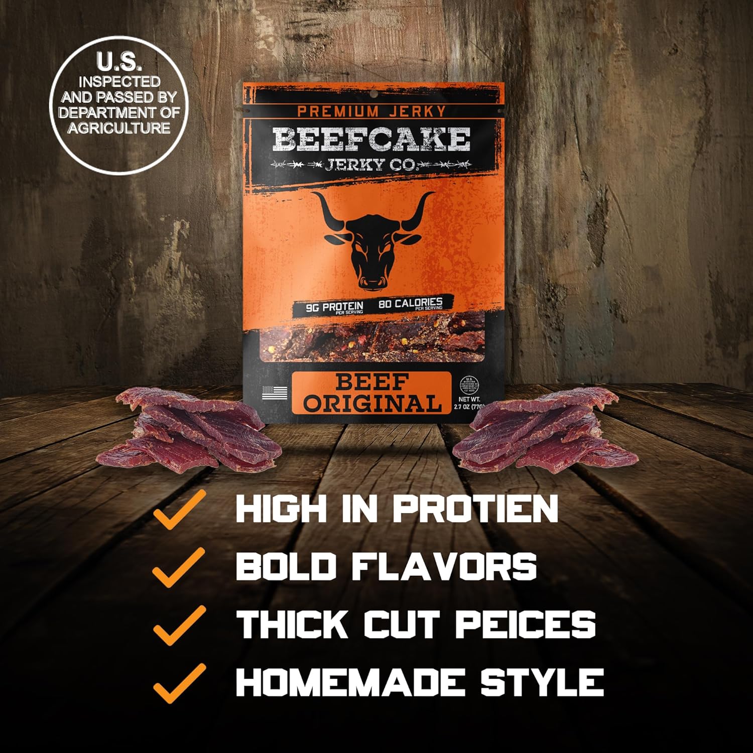 BEEFCAKE Jerky Pork Lover Variety Pack, Includes Beef Jerky Sweet Heat, Teriyaki, Honey BBQ & Smokehouse, 9 Gram of Protein & 100 Calories 2.7 Oz | Pack of 4