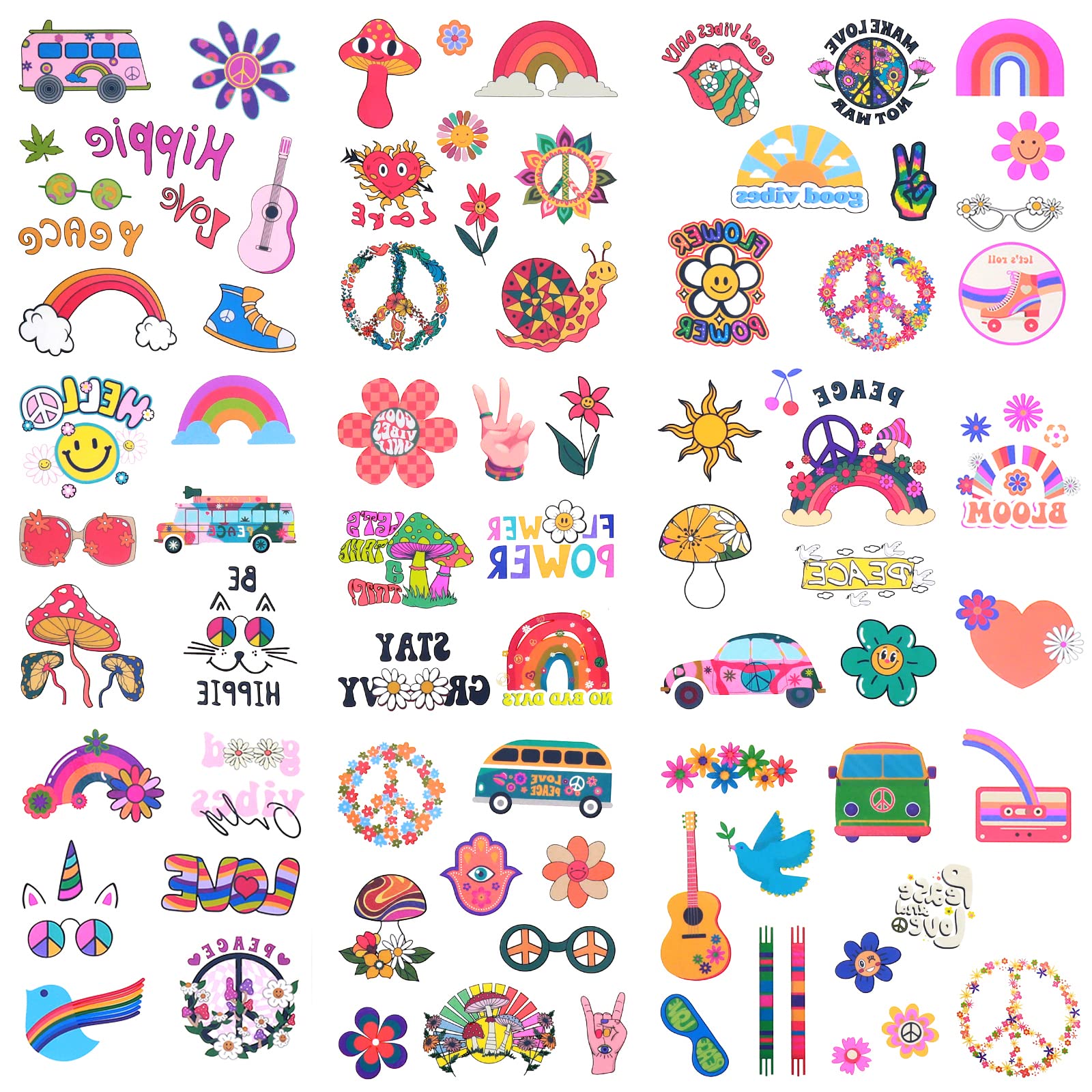 158 Pcs Hippie Temporary Tattoos, Face Tattoos Stickers Love and Peace Rainbow Temporary Tattoos Hippie Tattoos for Kids Women Man Adult Hippie Costume Accessories Party Decorations